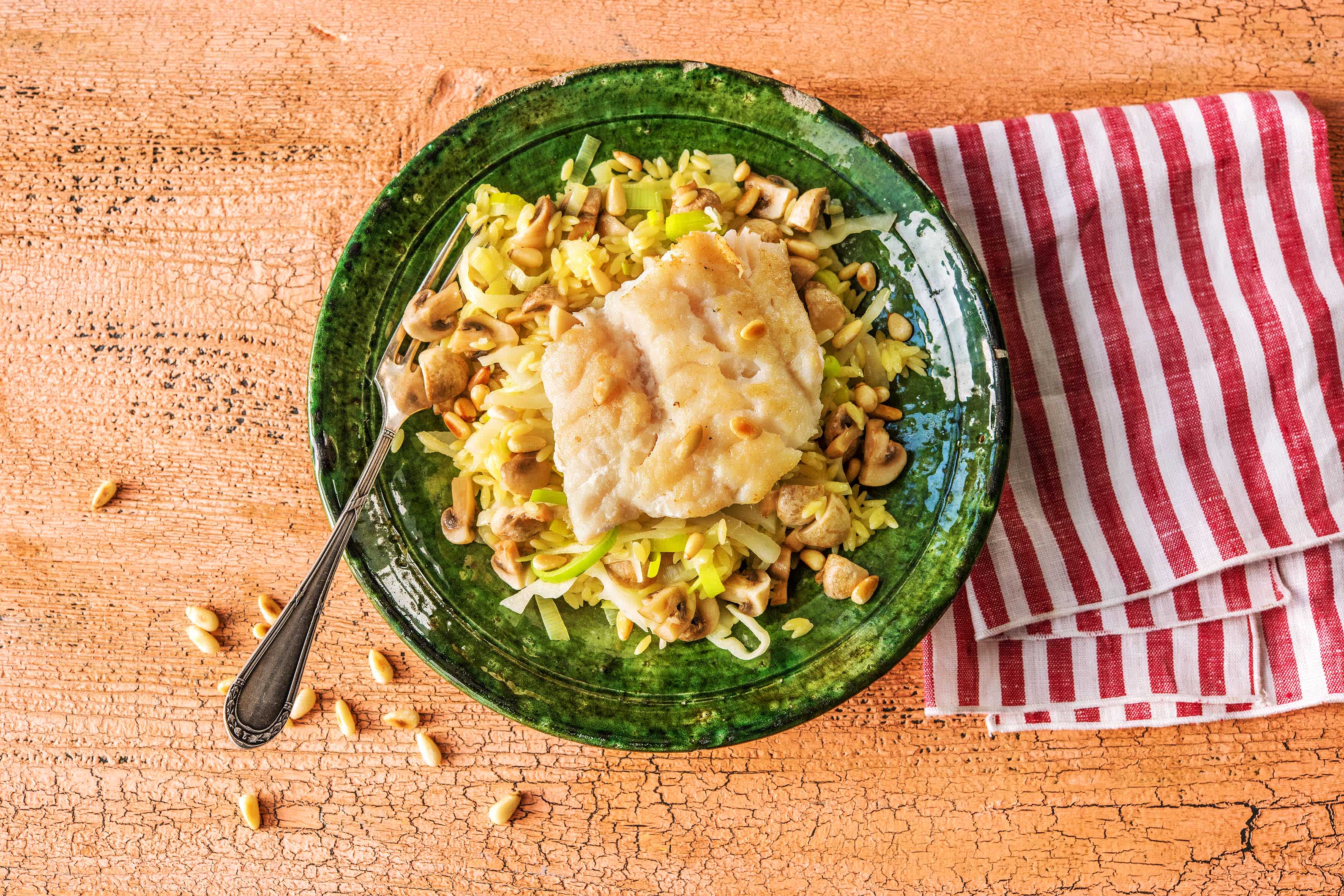 Orzo met kabeljauw en champignons