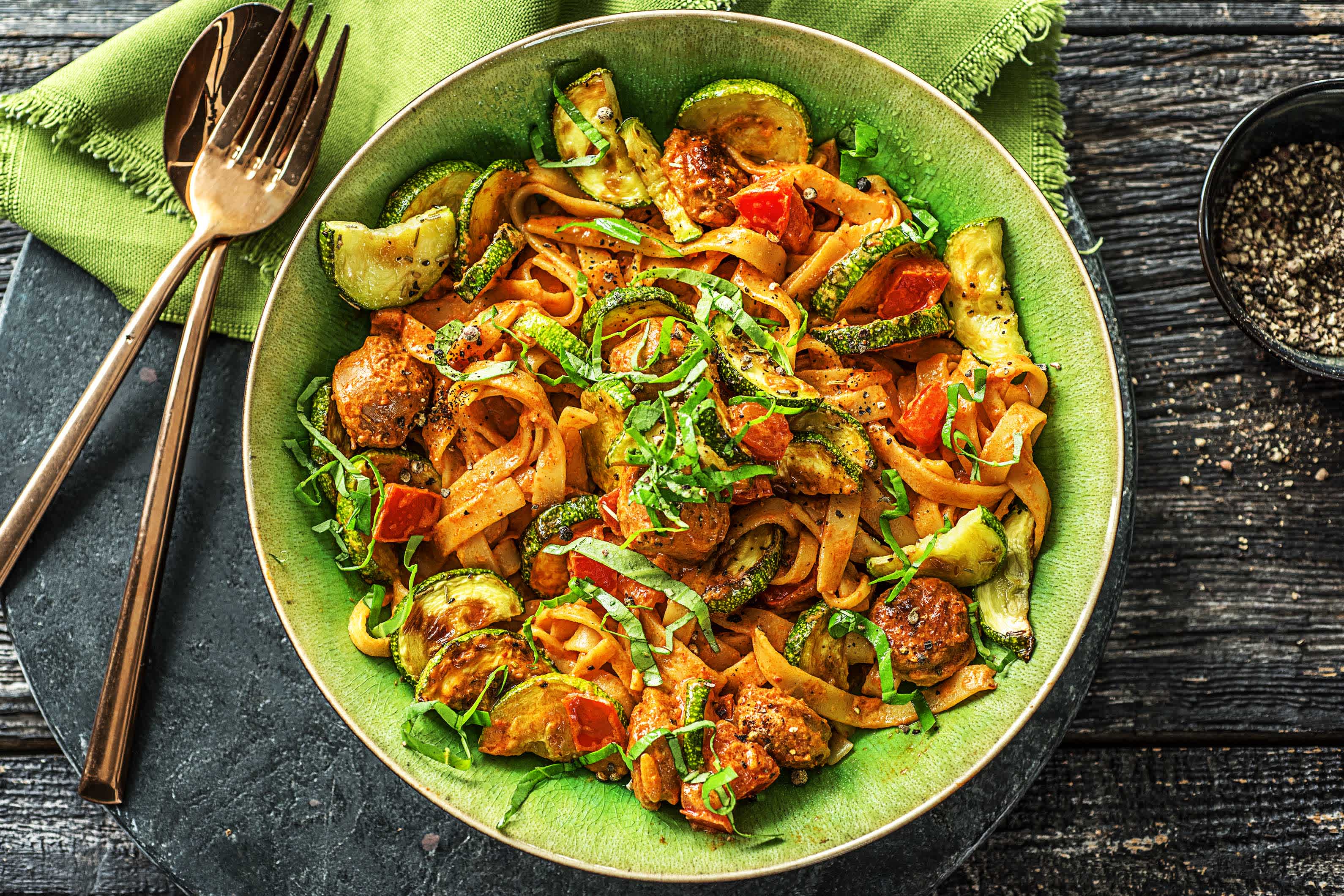 Fettuccine, sauce tomate à la crème et saucisse de porc