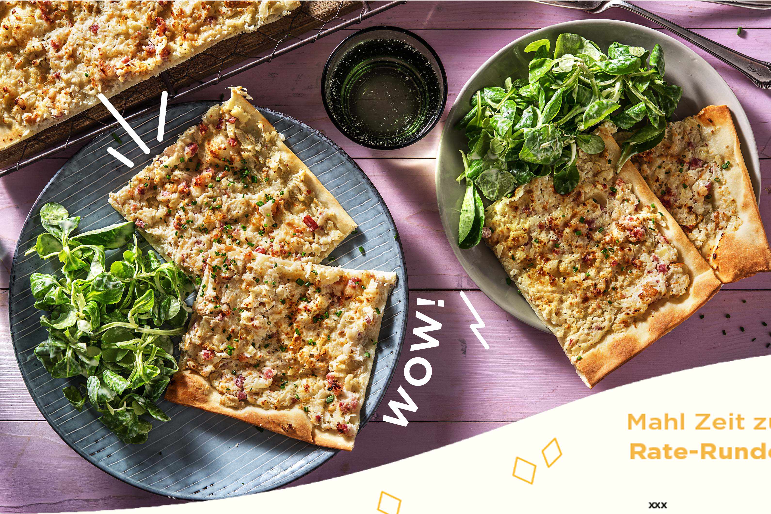 Flammkuchen mit Birne und Speckwürfeln