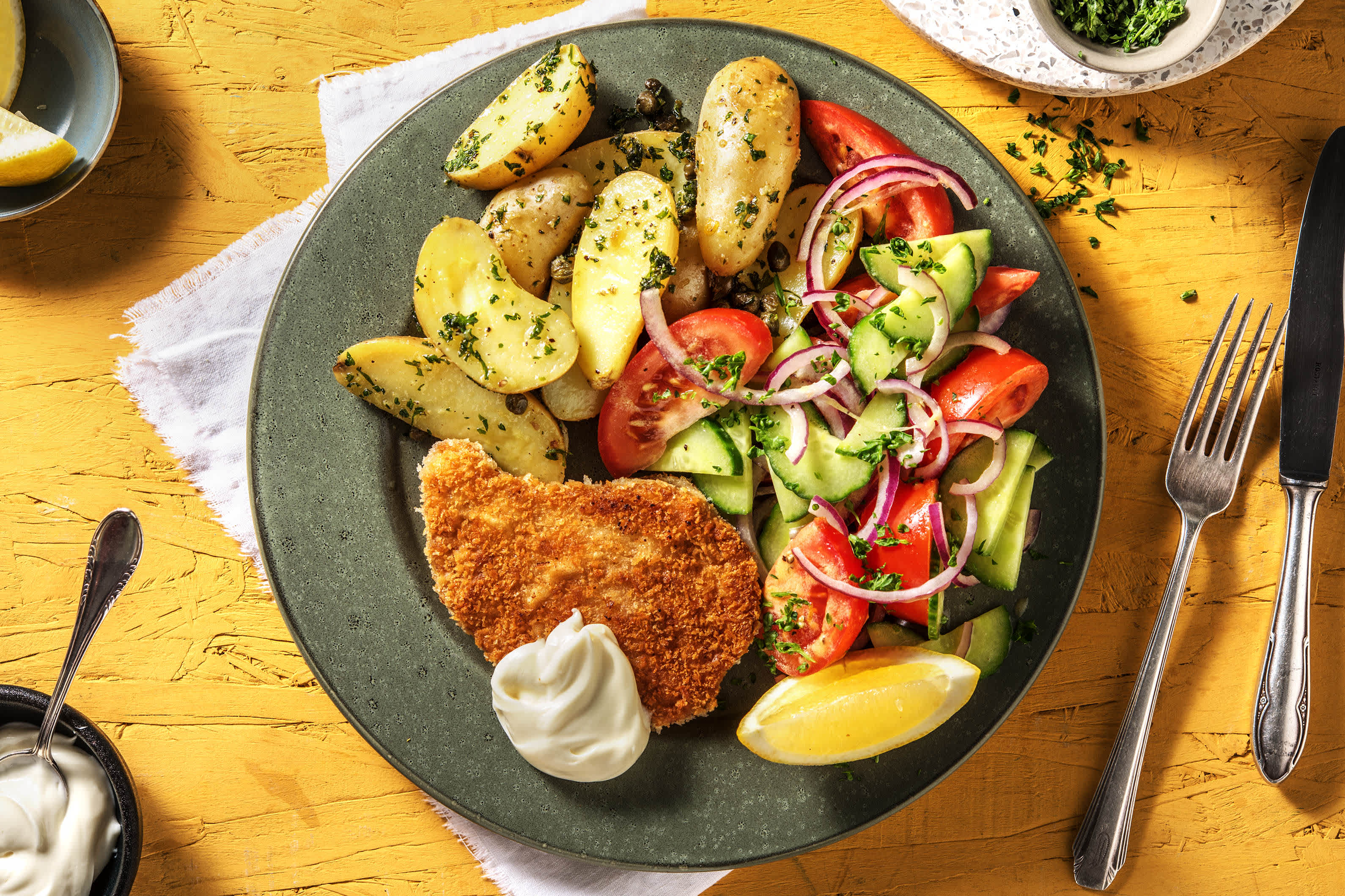 Vegetarische schnitzel met peterseliekrieltjes