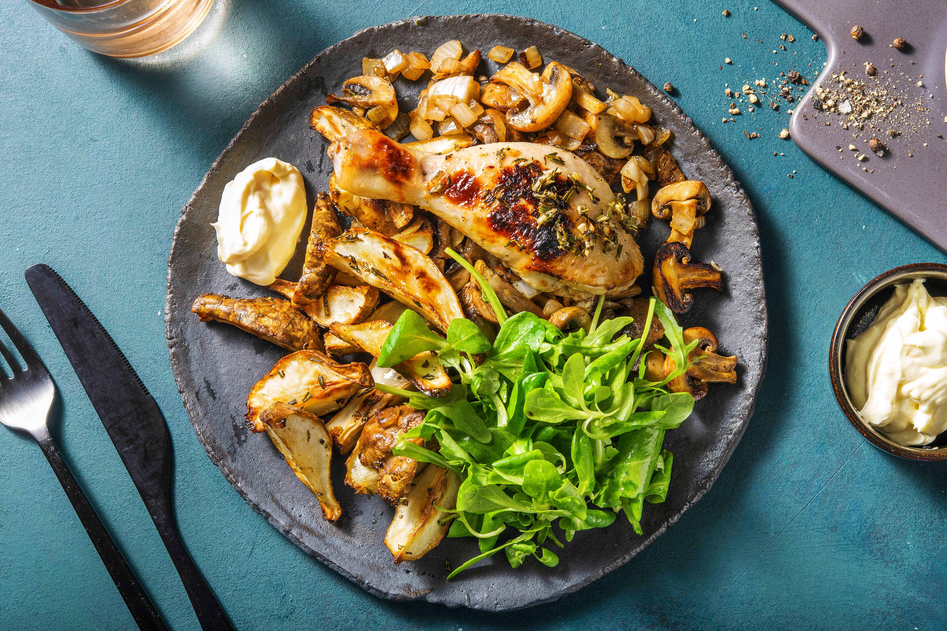 Topinambours rôtis avec des pilons de poulet