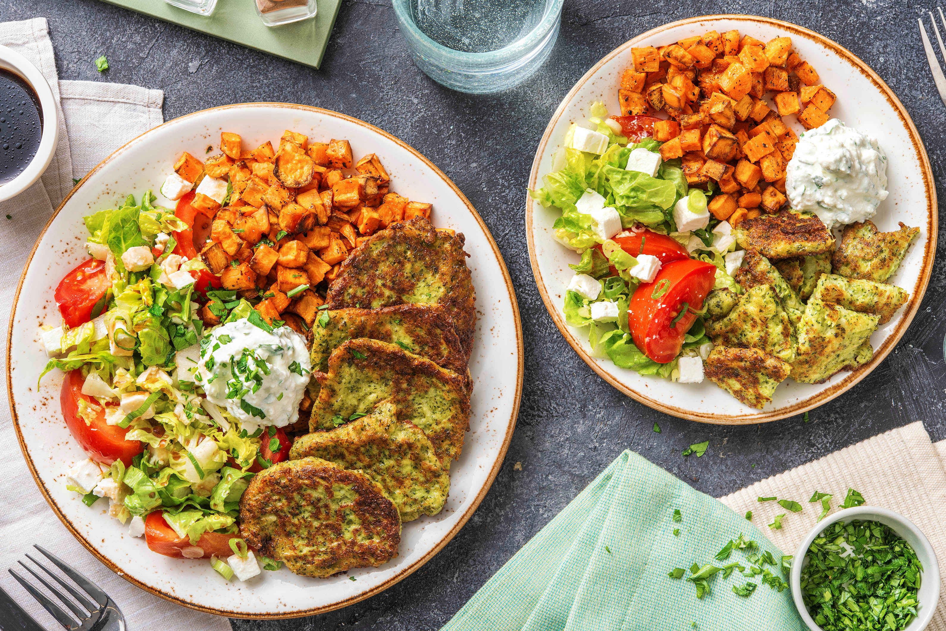 Broccolitaler mit Ofen-Süsskartoffeln
