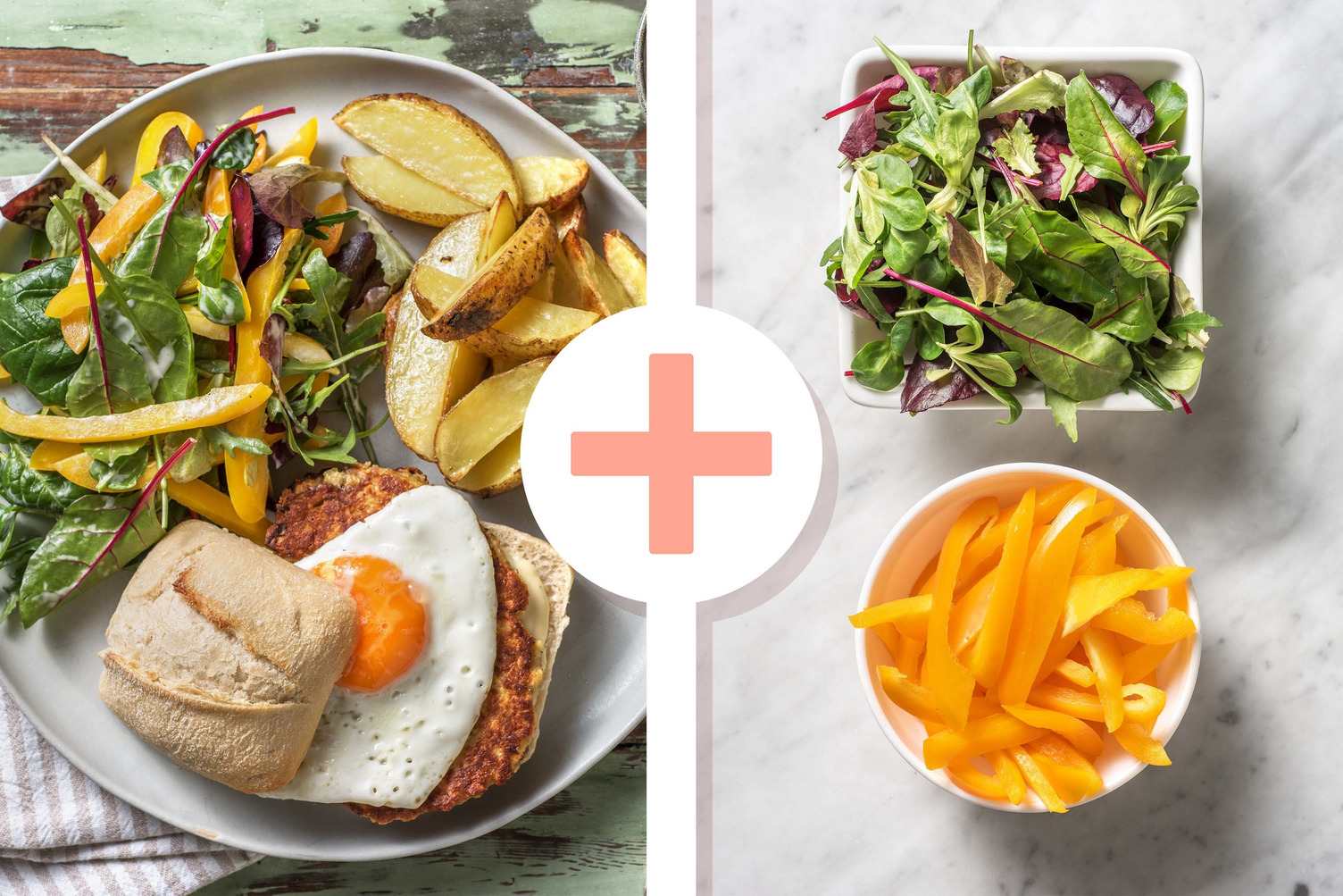 Boekoeloekoeburger met gebakken ei en aardappelen