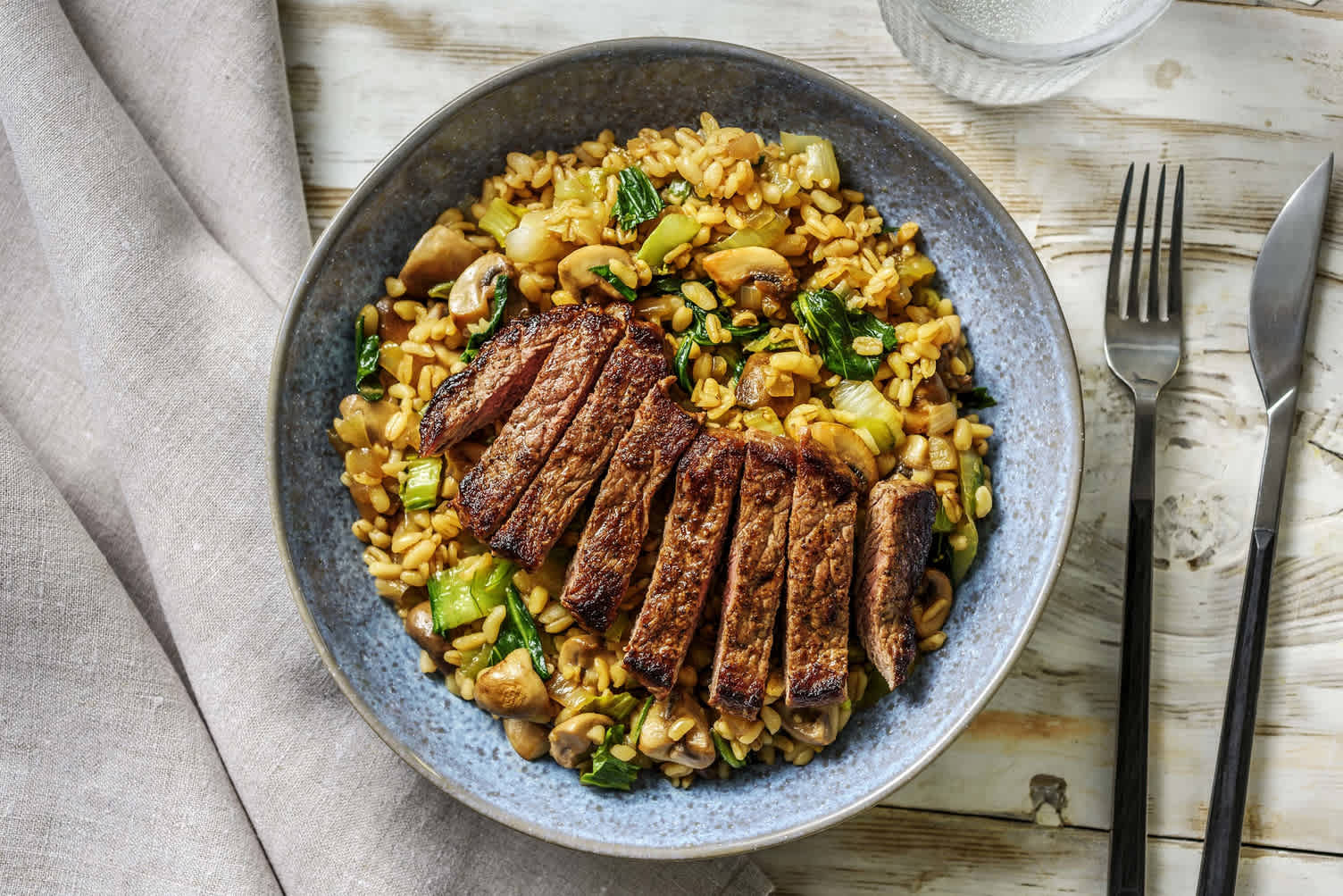 Orge perlé, rumsteak et pak-choï