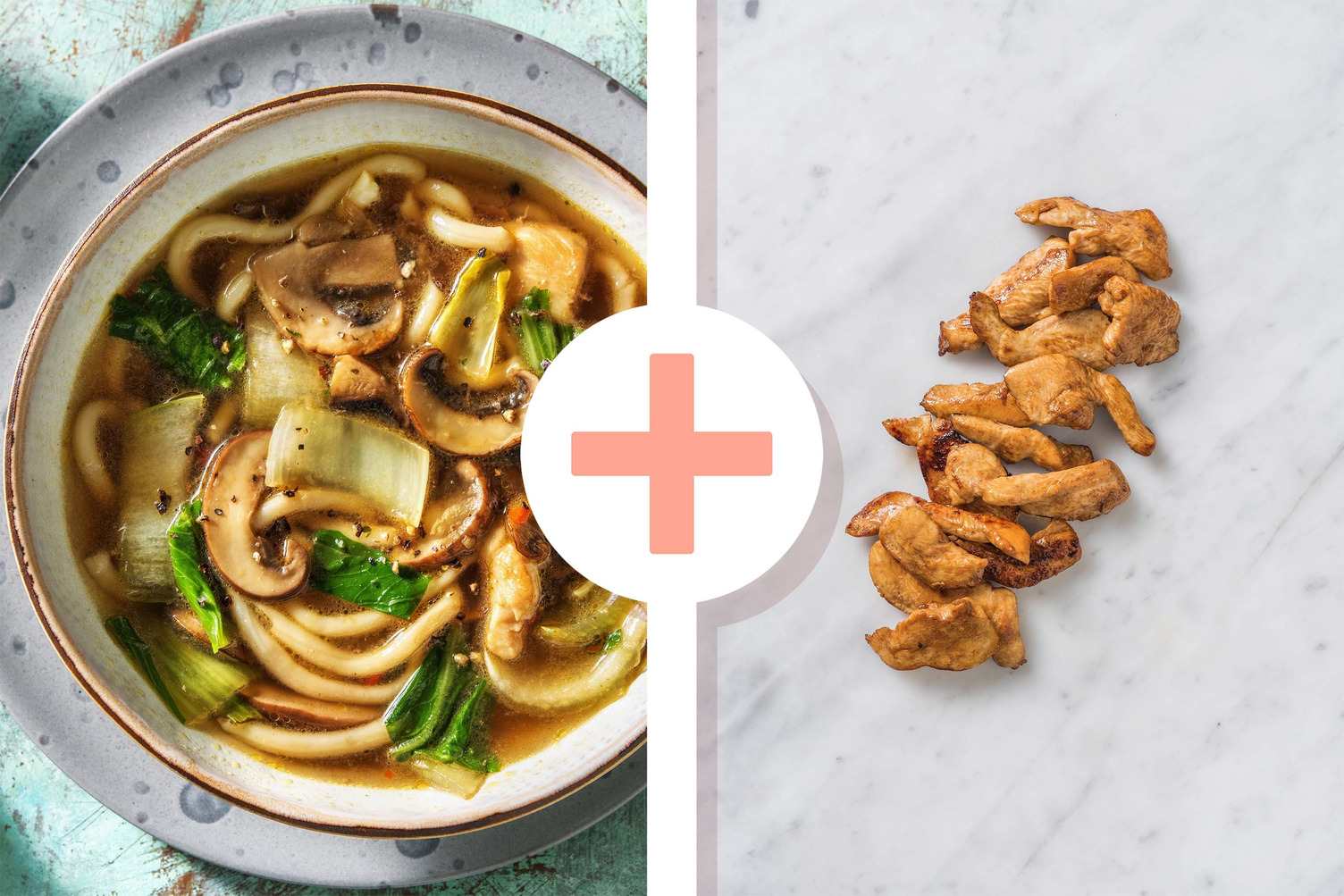 Soupe de nouilles japonaises et double portion de filet de poulet