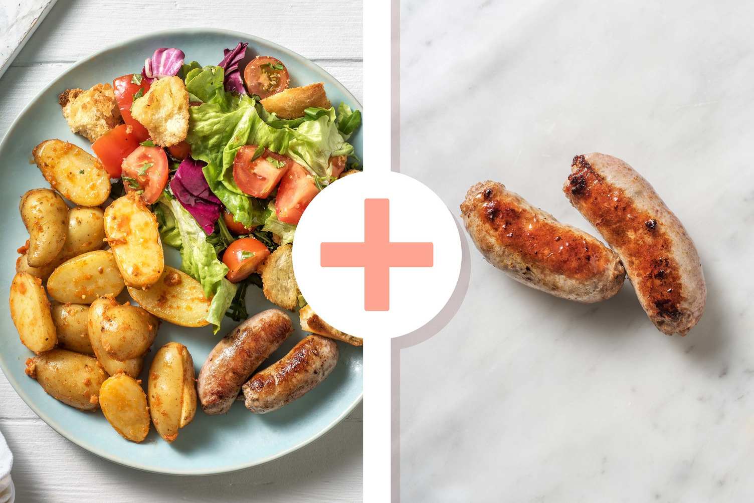 Italiaanse panzanellasalade met dubbele portie kipworstjes
