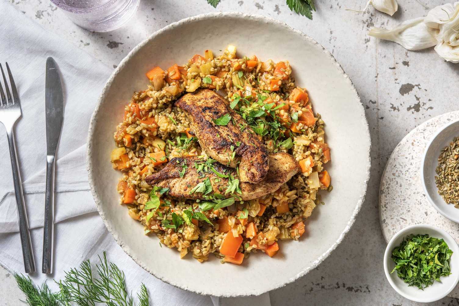 Freekehschotel met kipfilet in ras el hanout