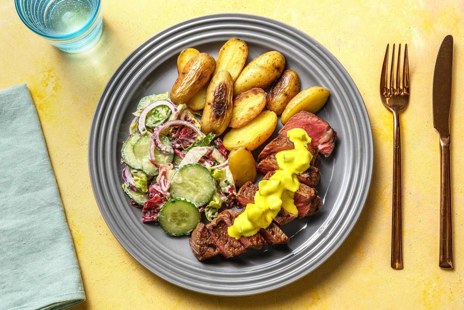 Rumsteak au piccallili et grenailles rissolées