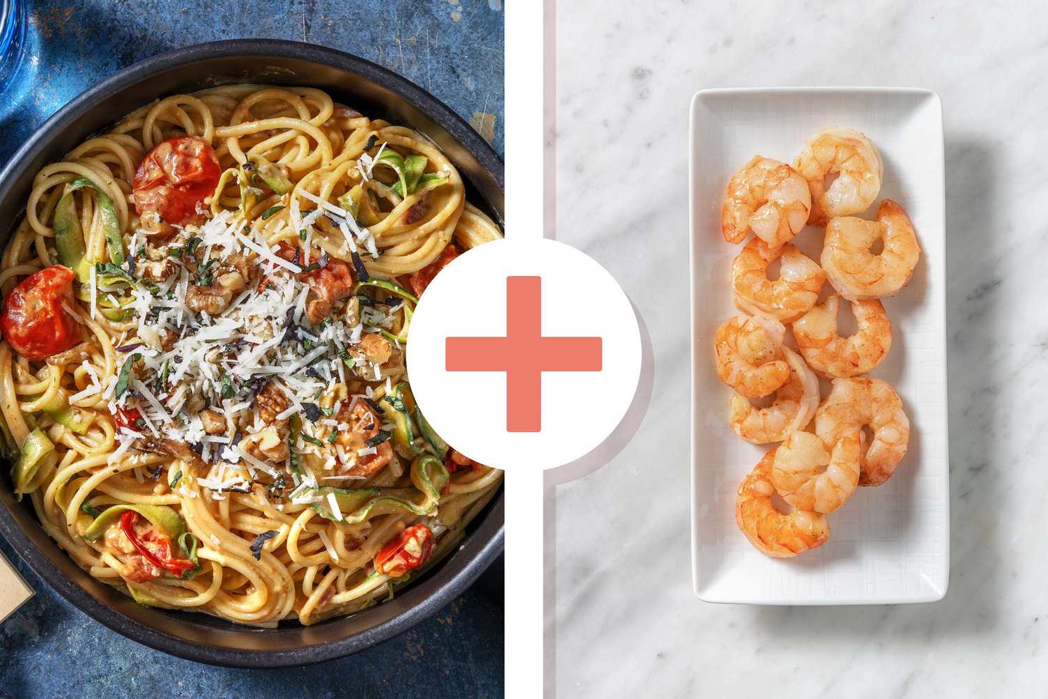 Pâtes de courgette et sauce crémeuse aux herbes et crevettes en extra