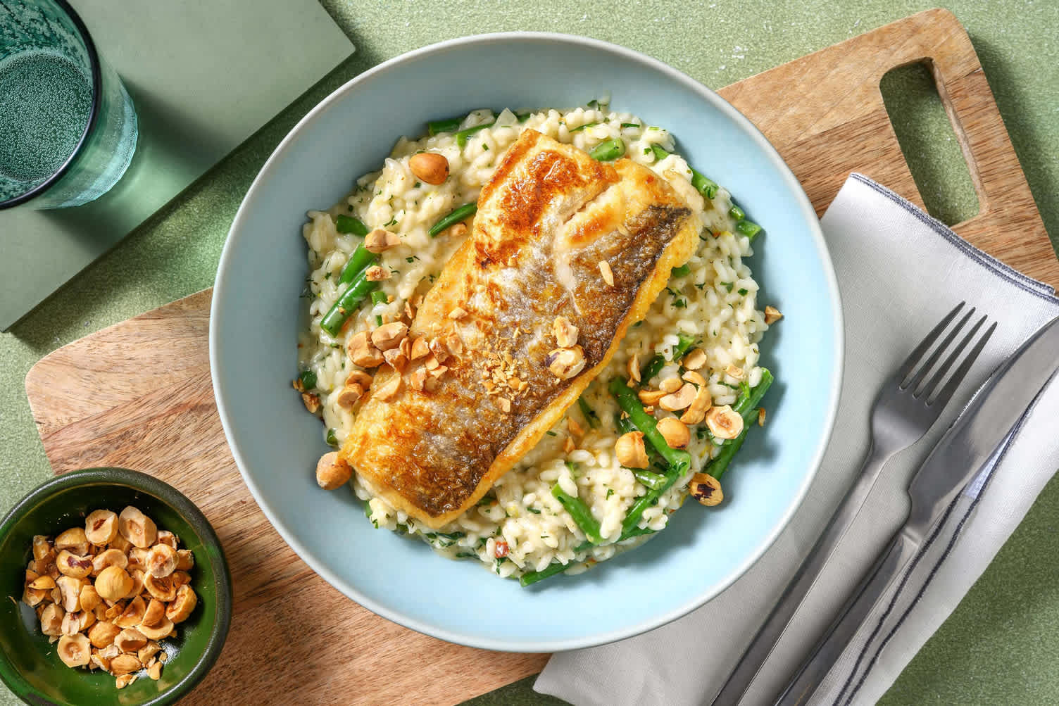 Seehecht mit Kräuter-Bohnen-Risotto