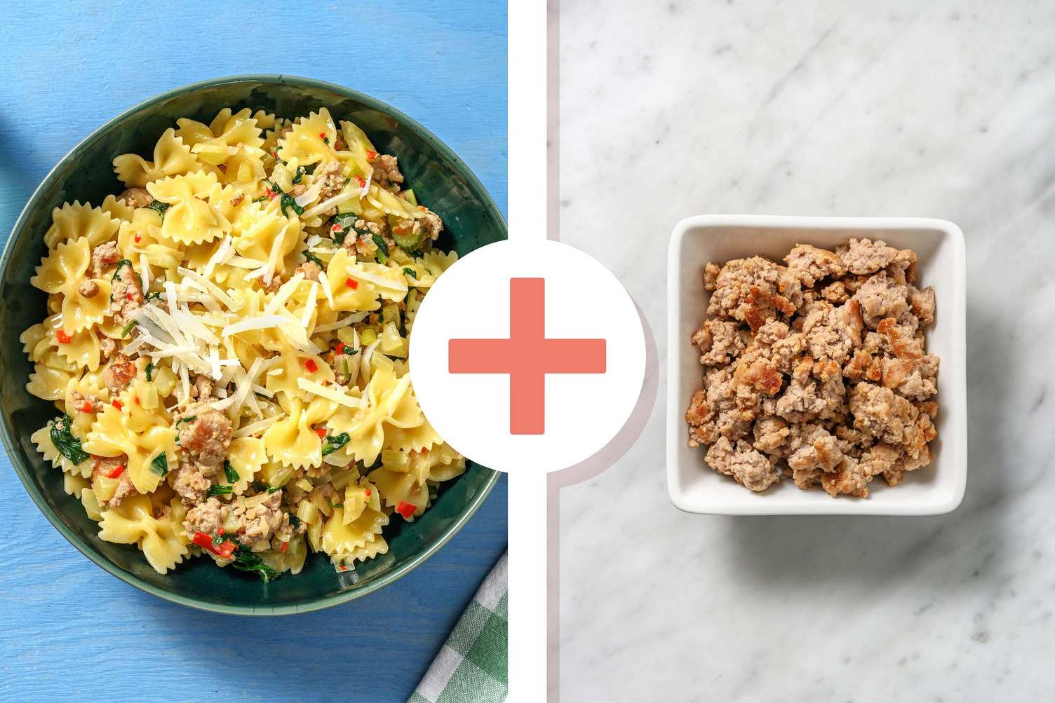 Farfalle crémeuses et double portion de poulet haché