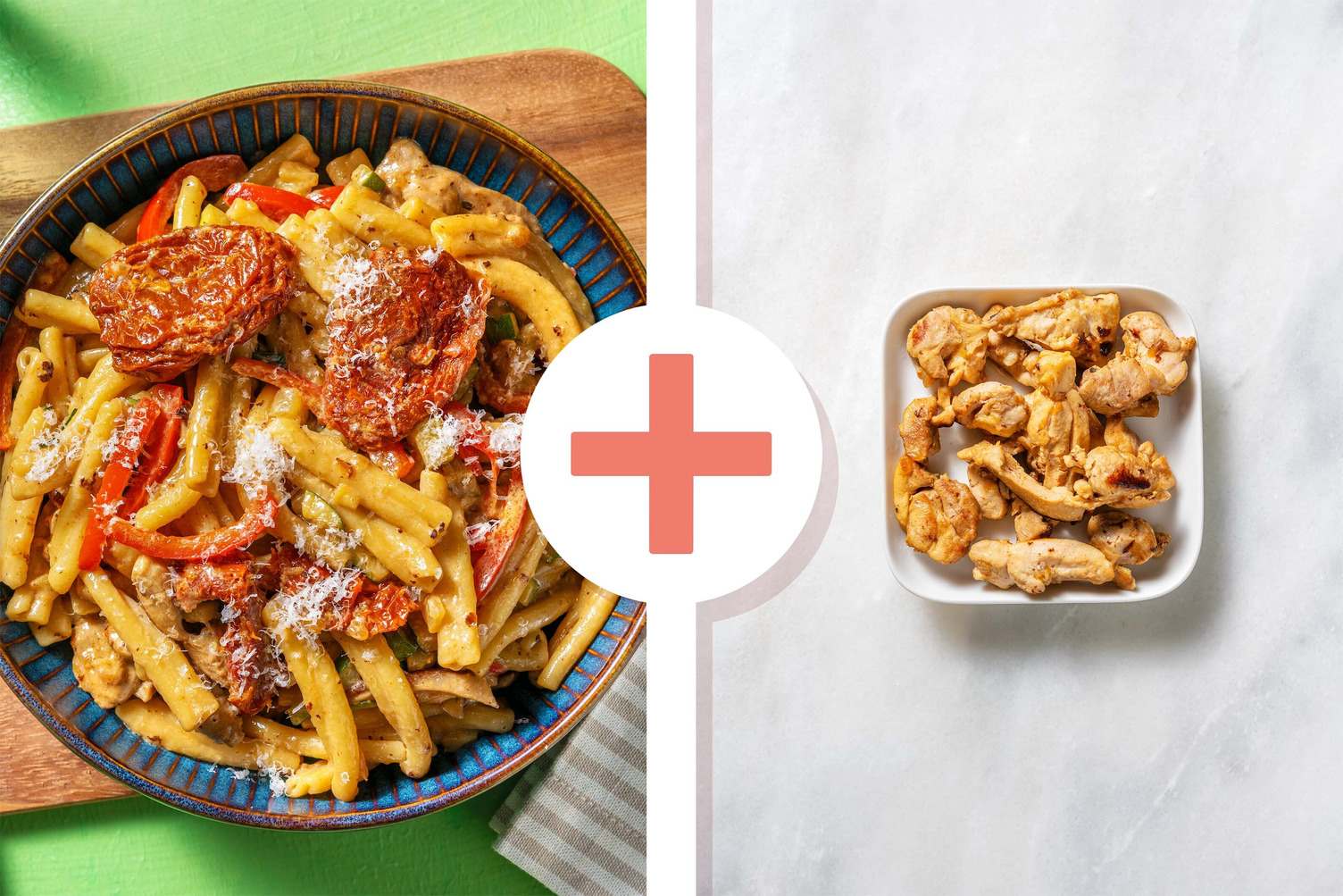 Romige pasta met een dubbele portie kippendijreepjes