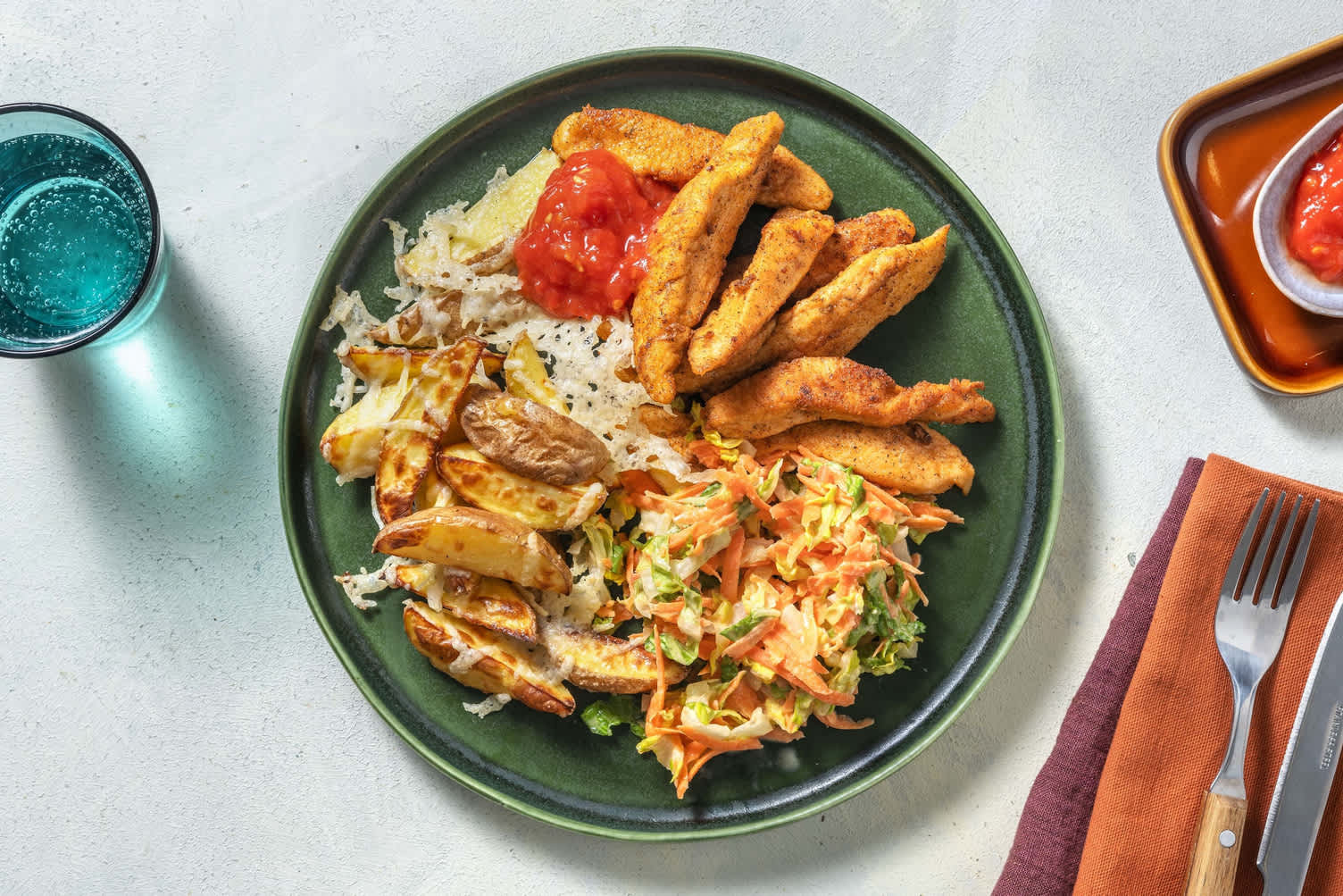 Würzige Pouletstrips mit Rüebli-Slaw