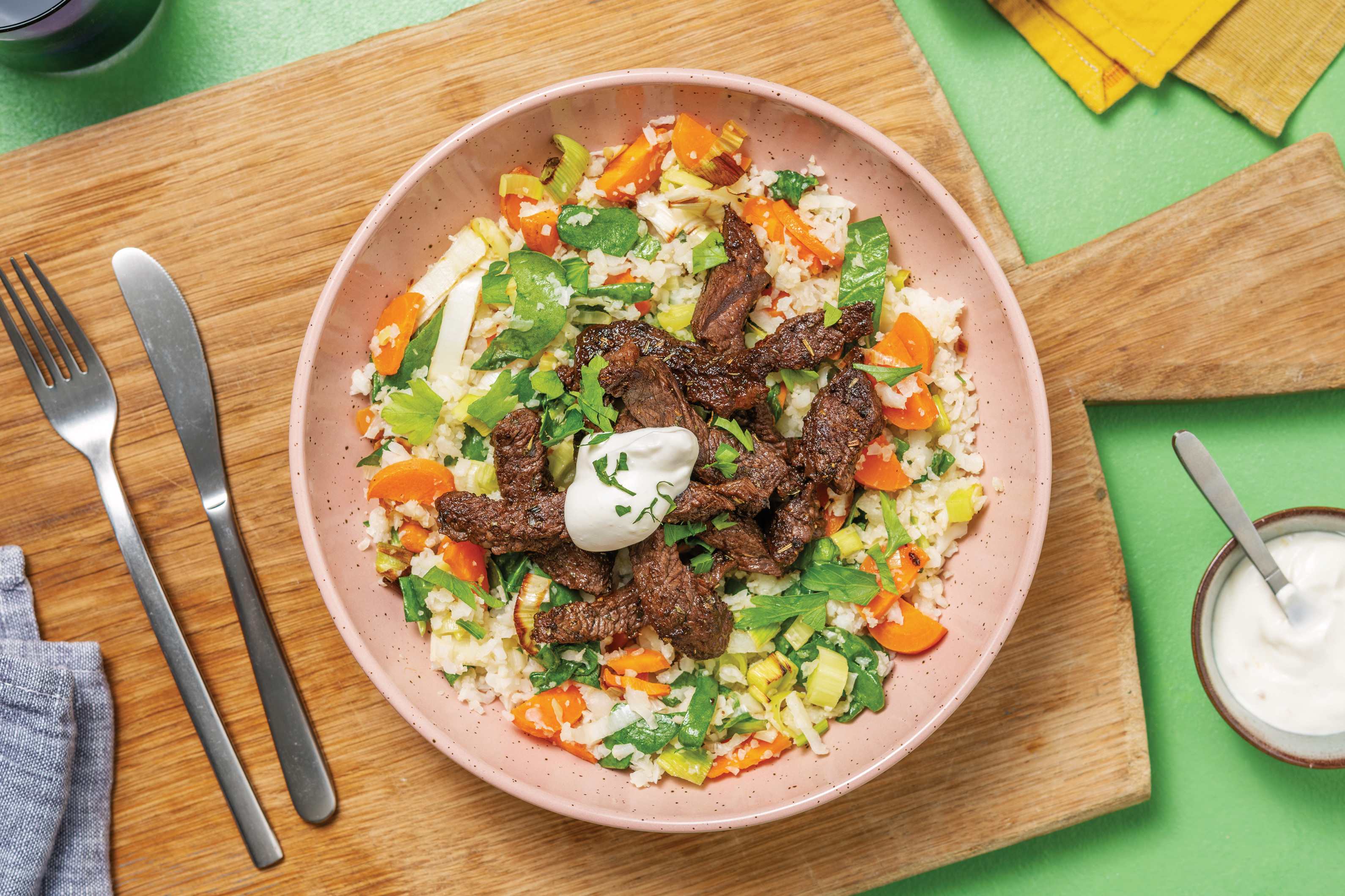 Herby Beef & Roast Veggie Cauliflower Rice
