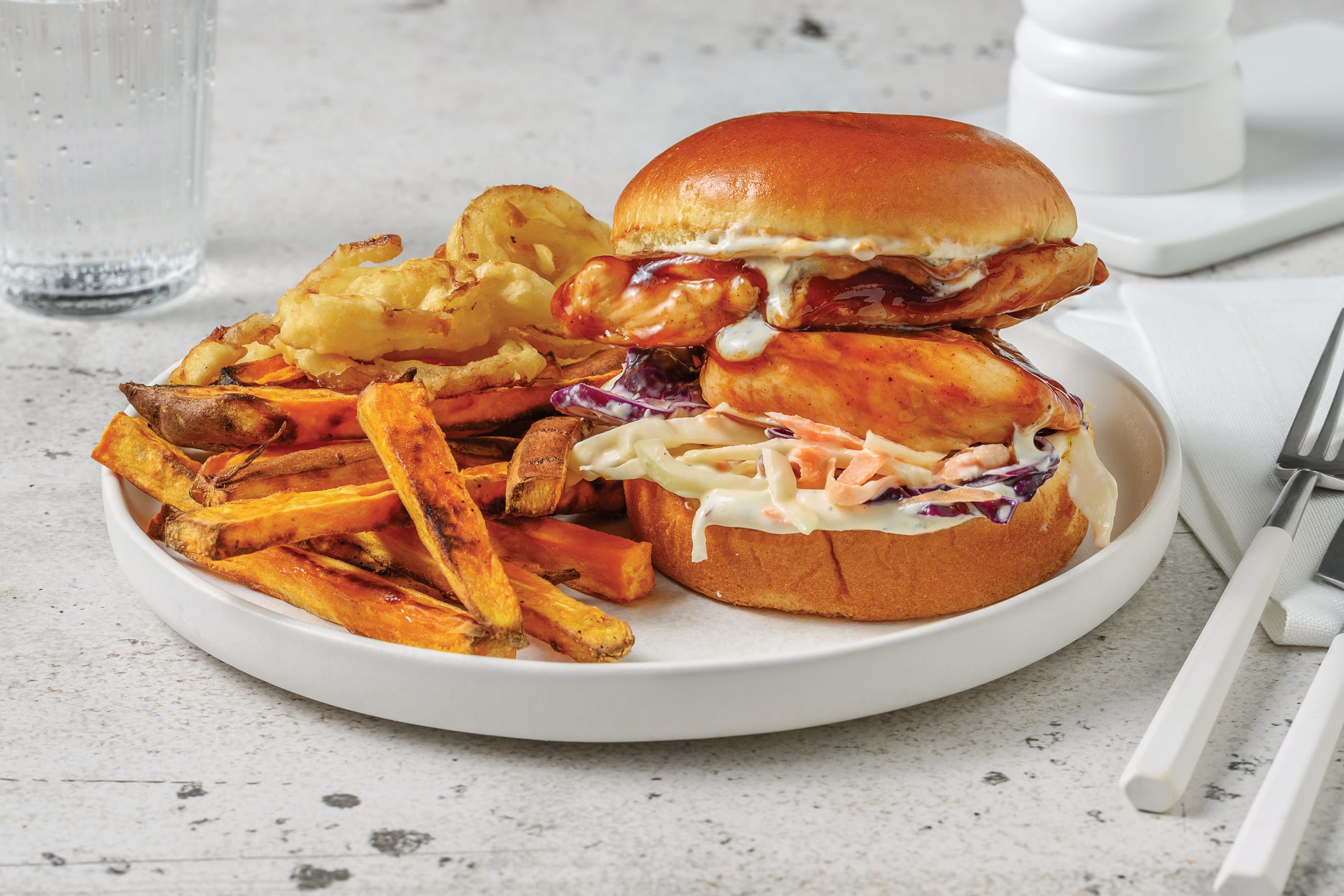 Buffalo Chicken Burger & Onion Rings