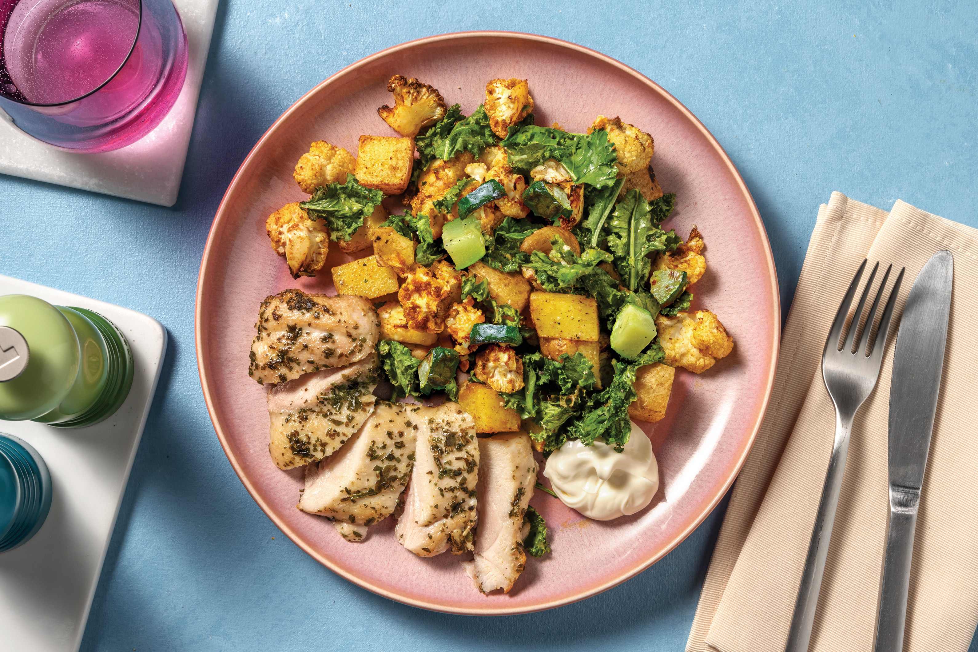 Double Garlic Chicken & Cauliflower-Kale Traybake