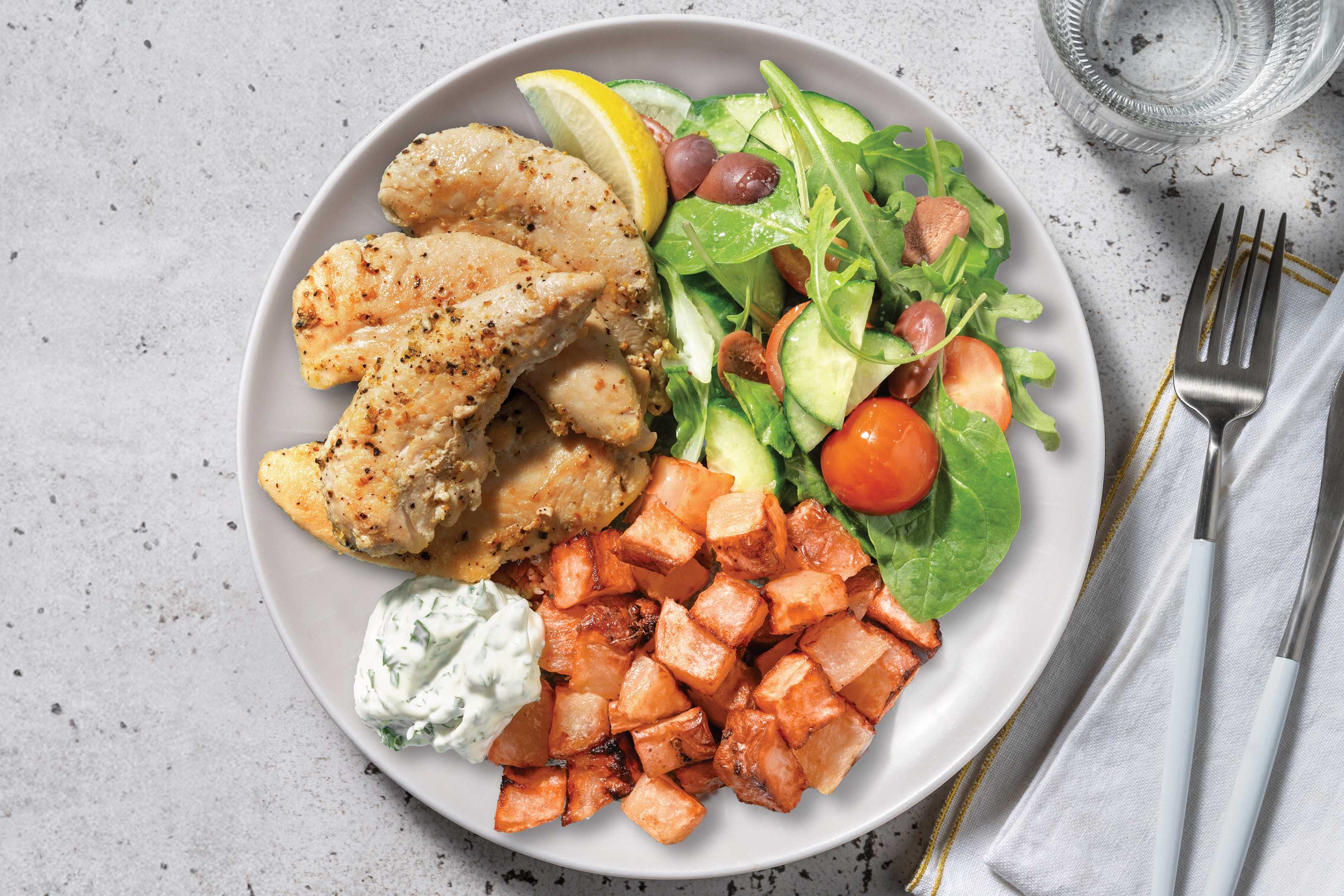 Easy Lemon Chicken & Tomato-Olive Salad