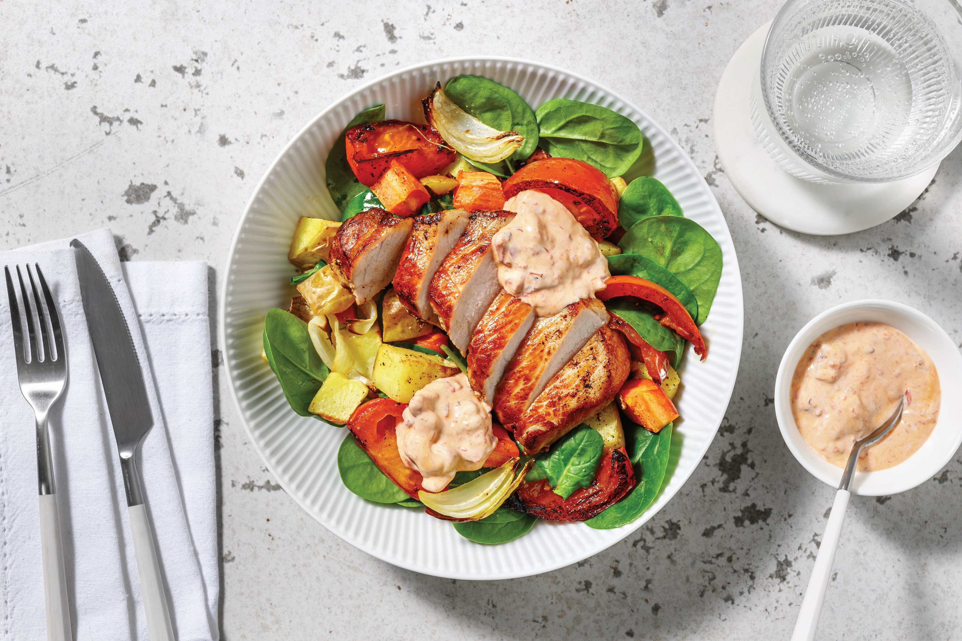 Herby Pork & Roast Veggie Toss