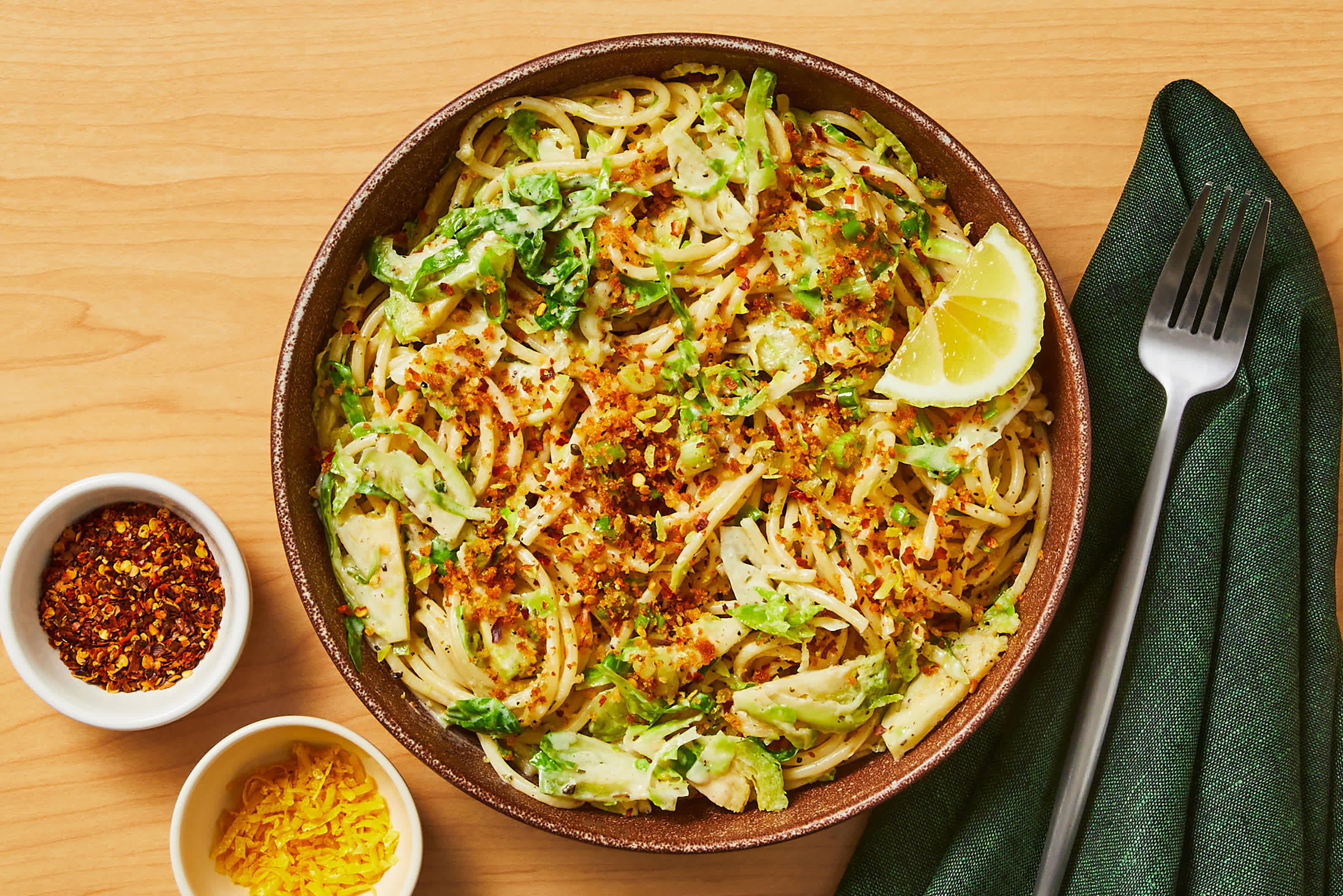 Spaghetti with Chicken Sausage & Brussels