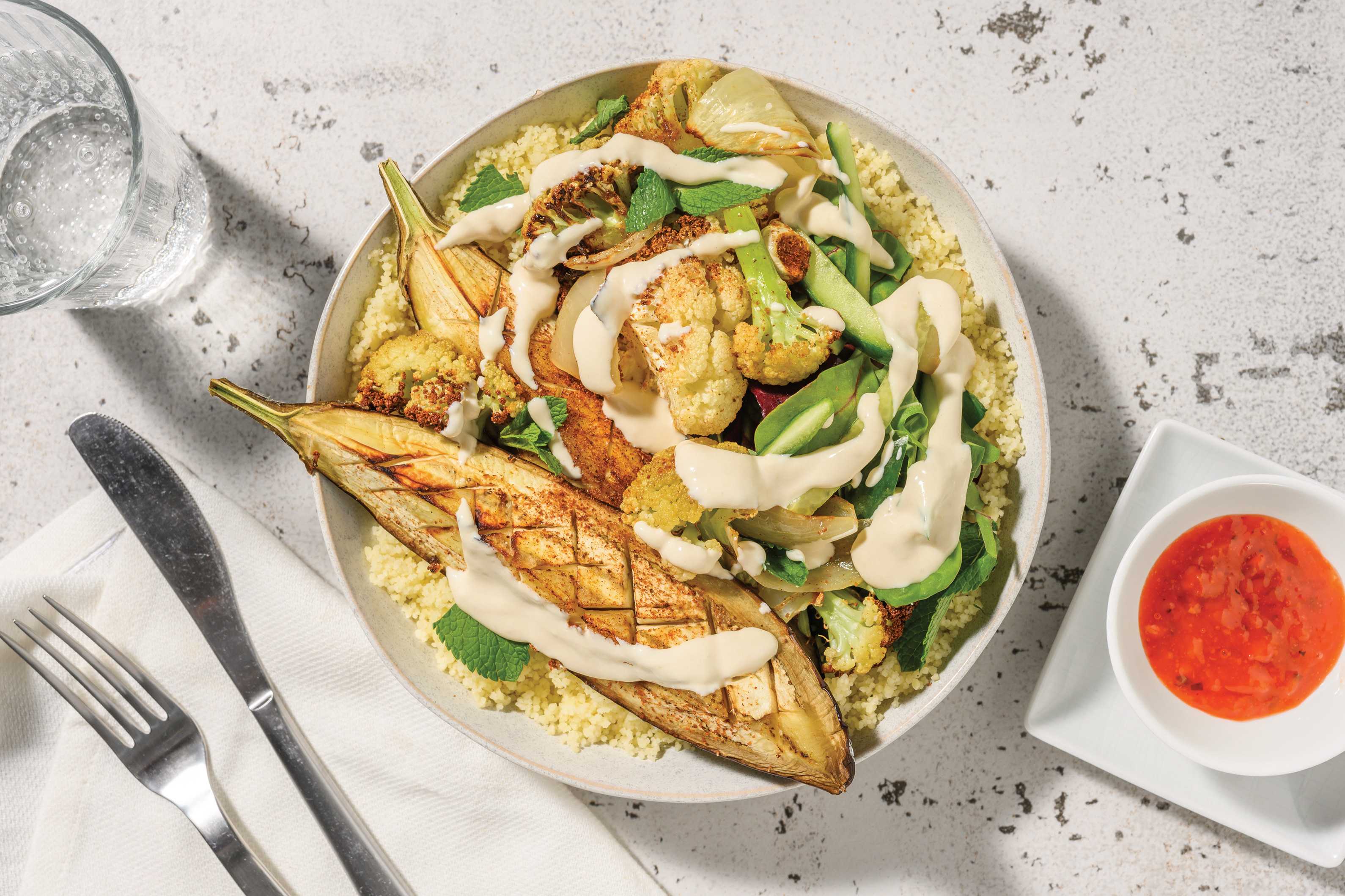 Spiced Eggplant, Chicken & Cauliflower Couscous Bowl