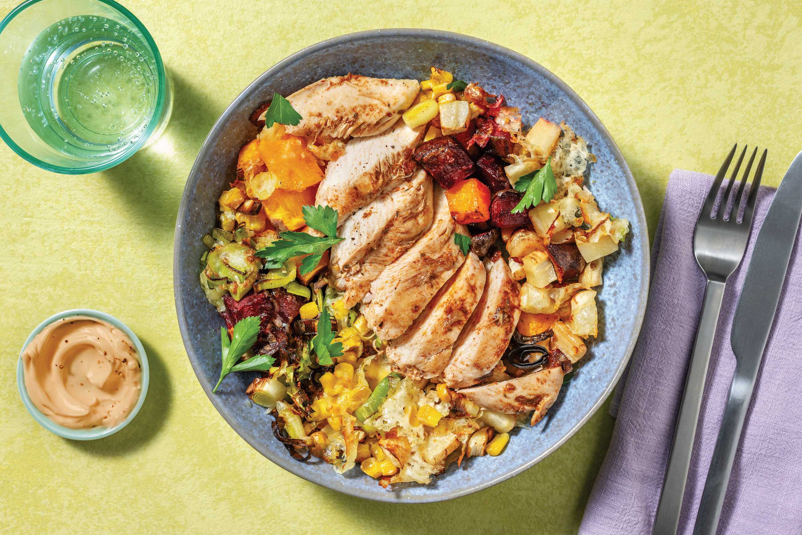 Seared Chicken & Cheesy Roast Veggie Medley