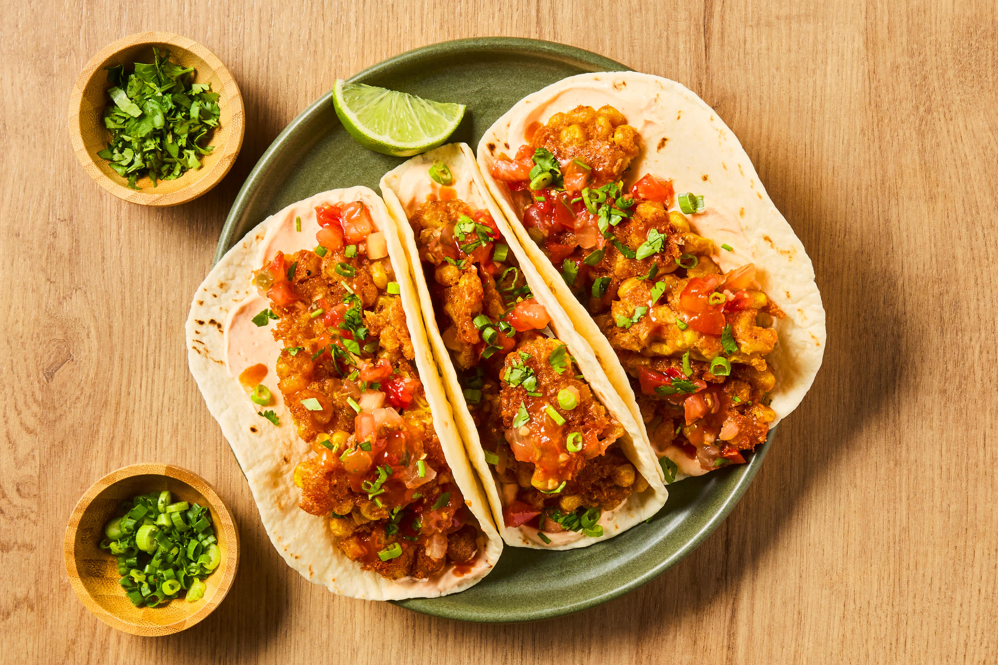 Cheesy Corn Fritter & Shrimp Tacos