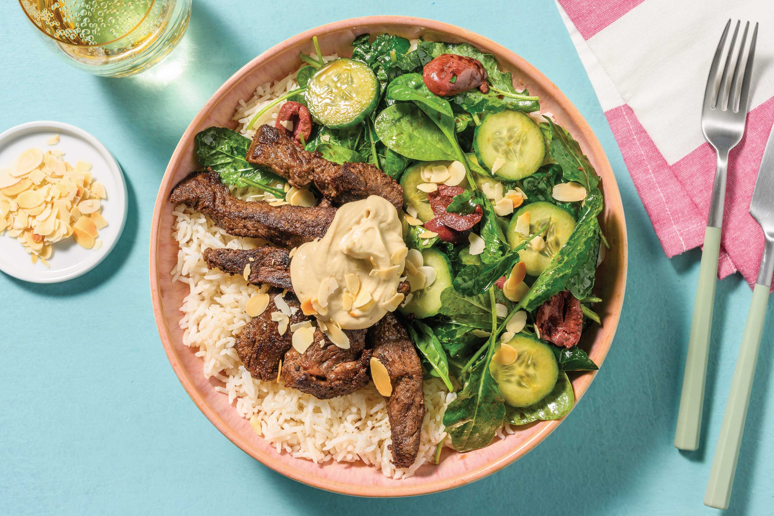 Double Seared Beef Strips & Lemony Rice