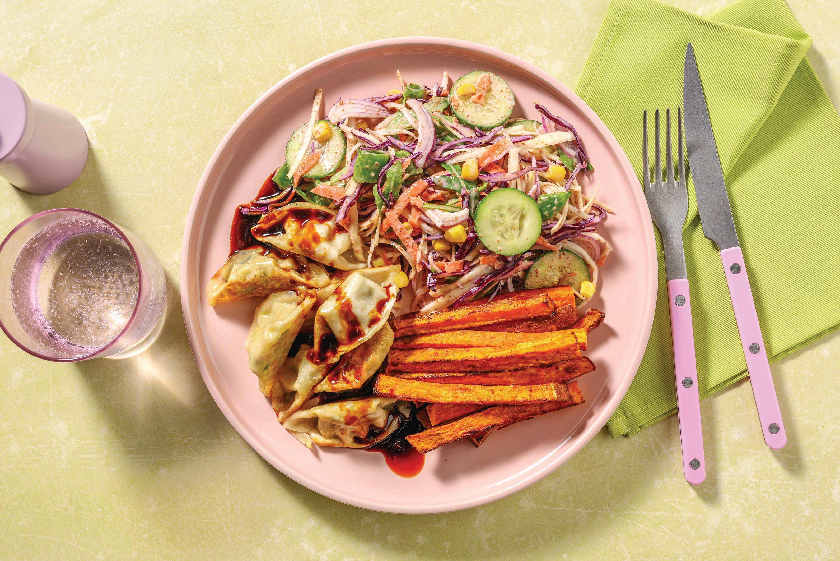 Chicken Gyozas & BBQ Sweet Potato Fries