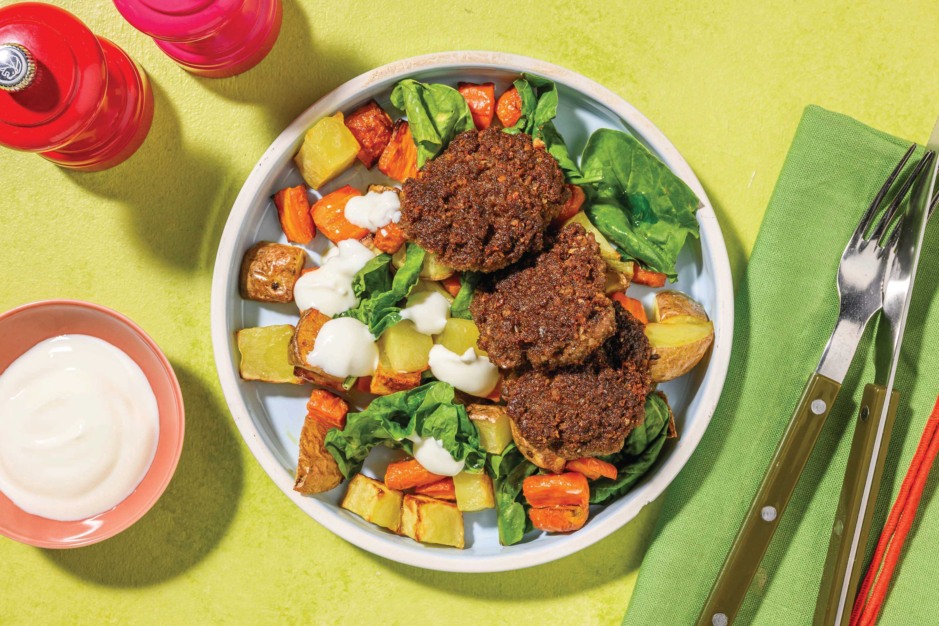 Honey-Glazed Pork Rissoles & Roast Veggies
