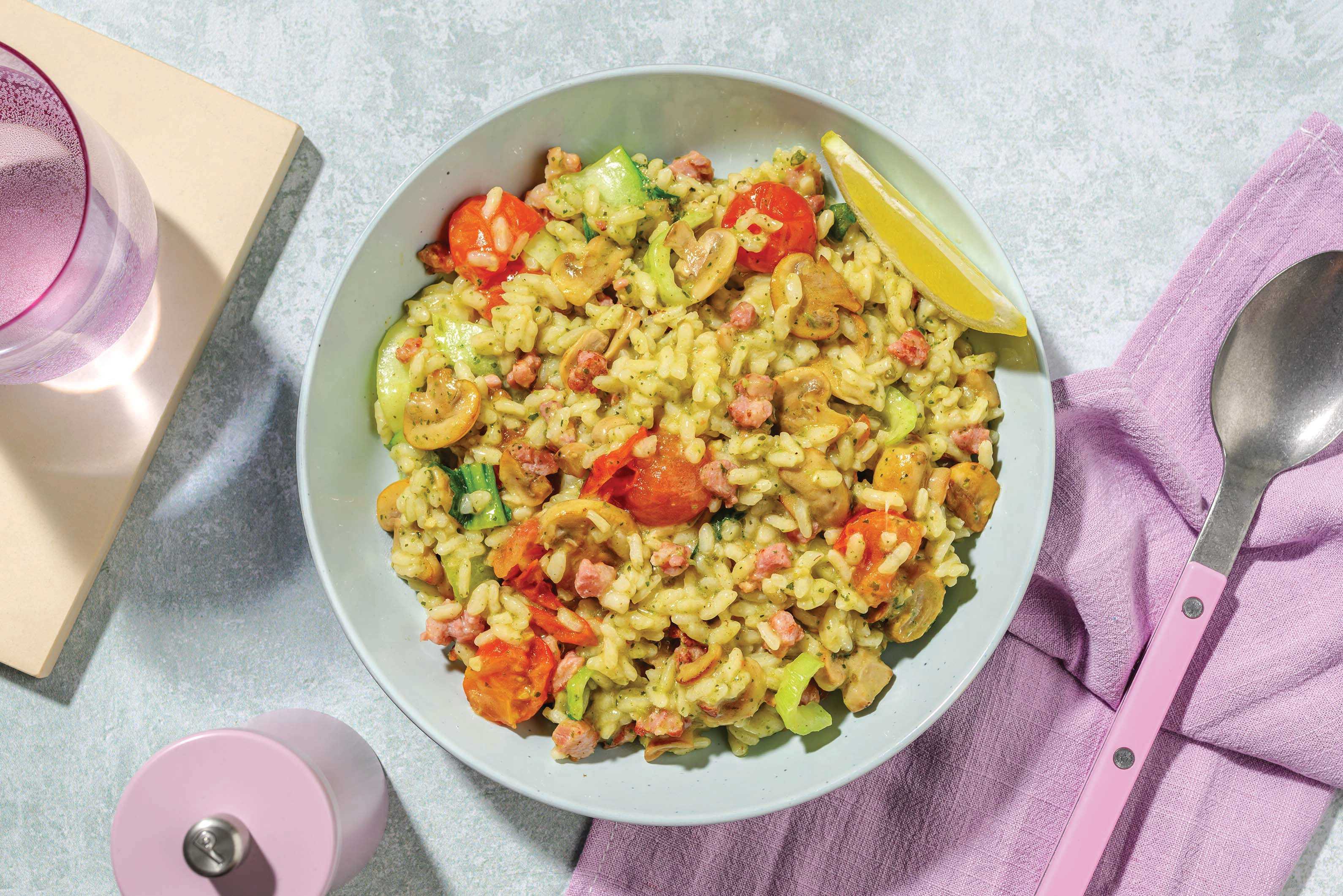 Double Bacon & Mushroom Basil Pesto Risotto