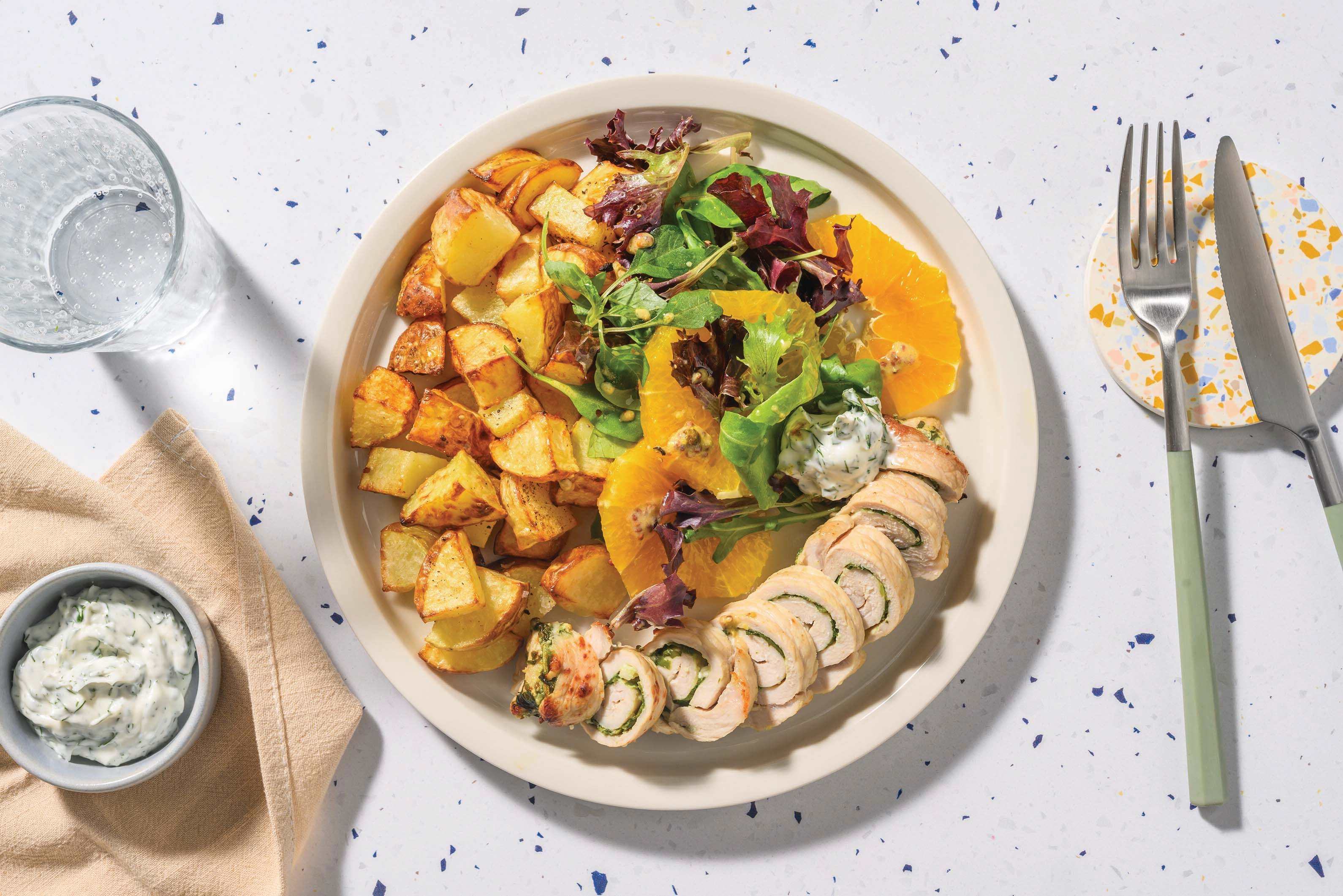 Double Spinach-Fetta Stuffed Pork Involtini & Roast Potato
