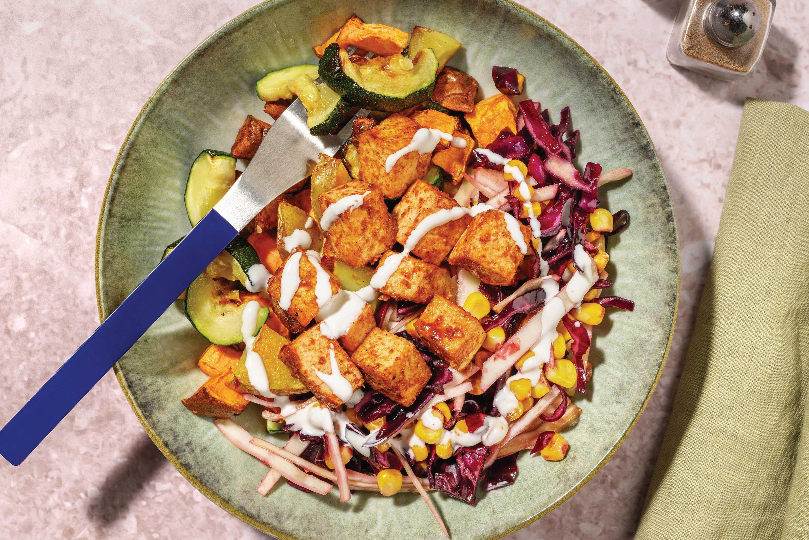 Tex-Mex Tofu & Halloumi Roasted Veggie Buddha Bowl