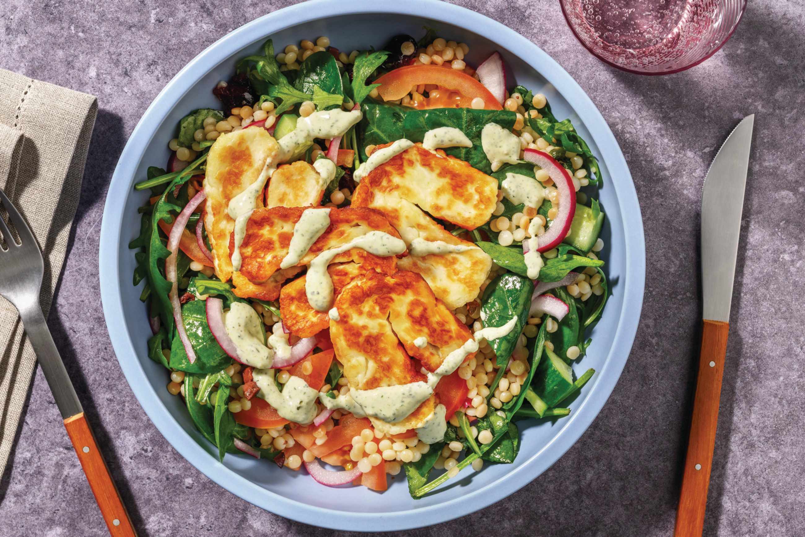 Haloumi, Olive & Pearl Couscous Bowl