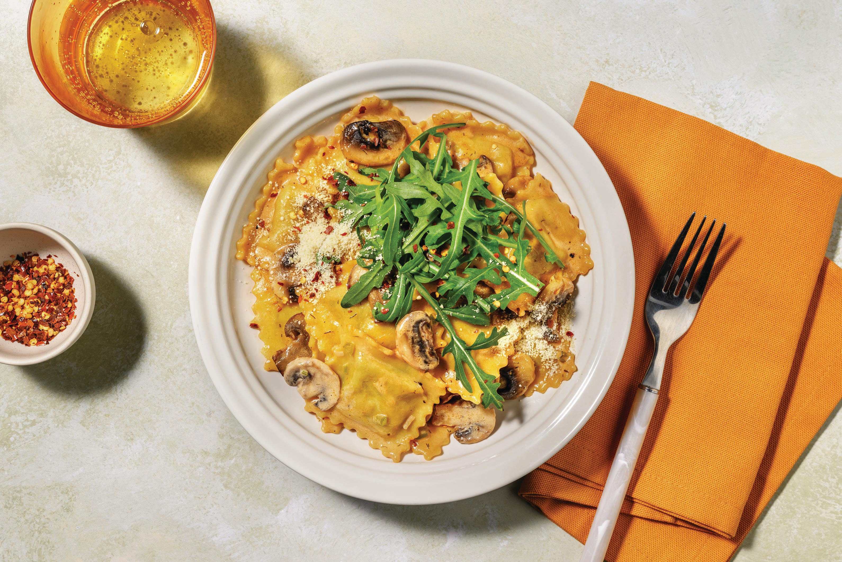 Spinach-Ricotta Ravioli & Chicken Mushroom Sauce