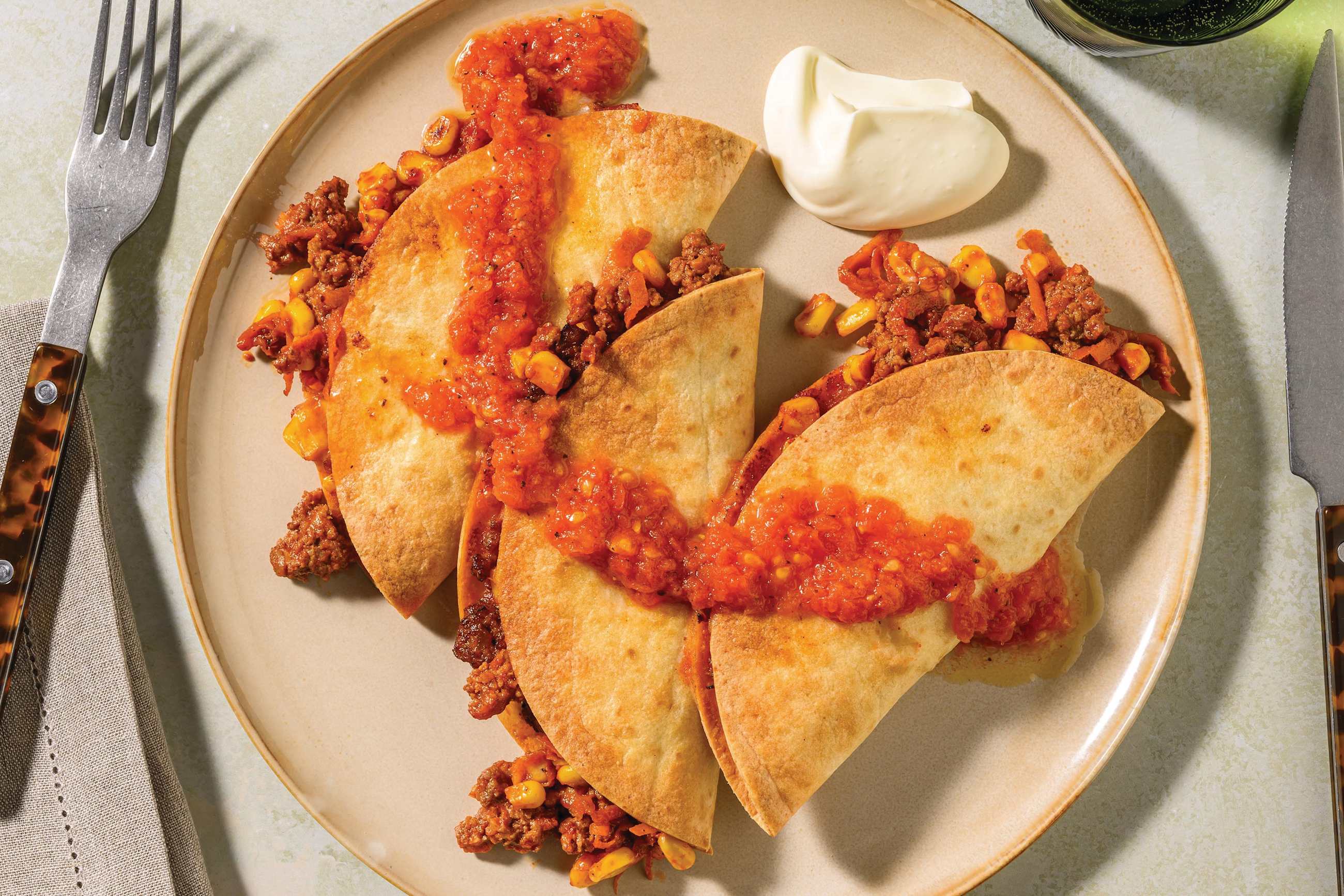 Extra Cheesy Baked Beef & Corn Quesadillas