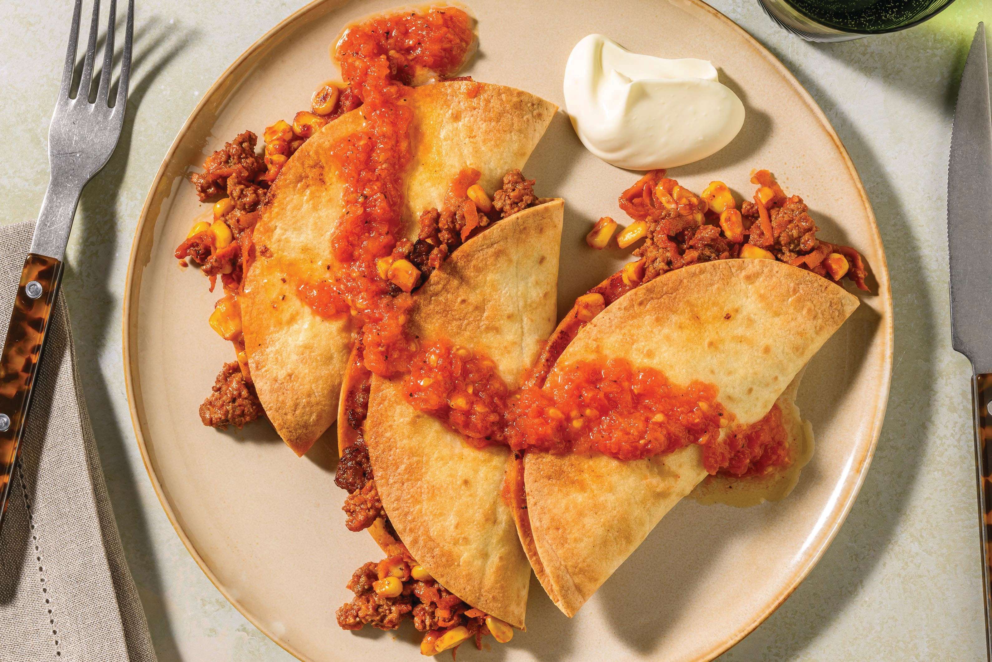 Baked Beef, Bacon & Corn Quesadillas