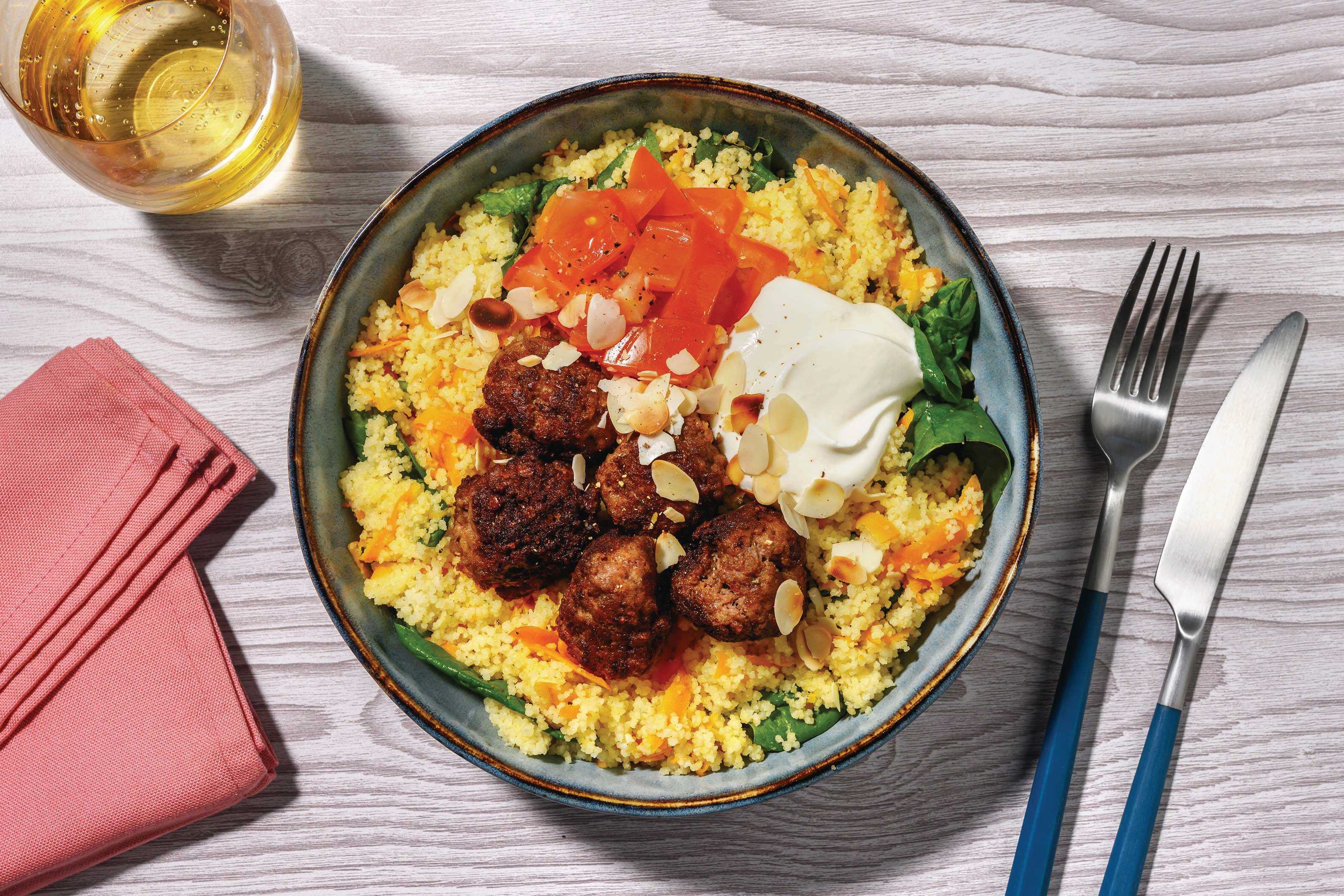Spiced Double Lamb Meatballs & Carrot Couscous