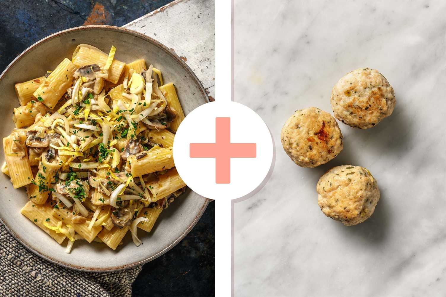Veggie + Protein - Penne in paddenstoelenroomsaus met kipgehaktballetjes als extra