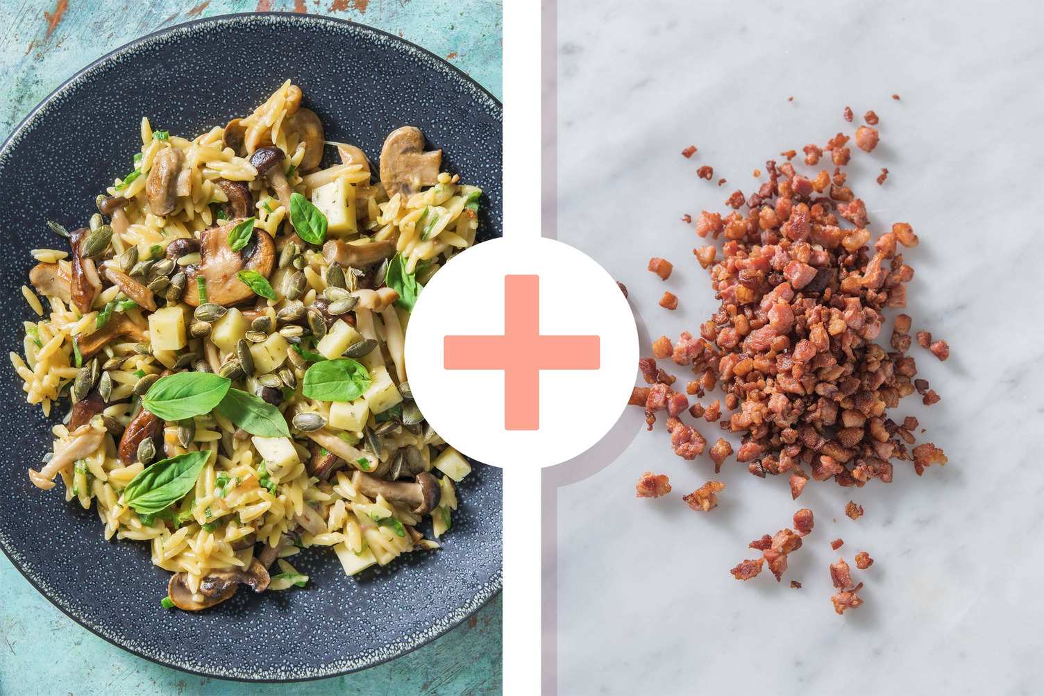 Veggie + protein - Risotto d'orzo aux champignons avec lardons en extra