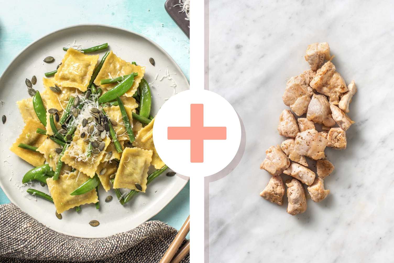 Veggie + protein - Ravioli met varkenshaaspuntjes als extra