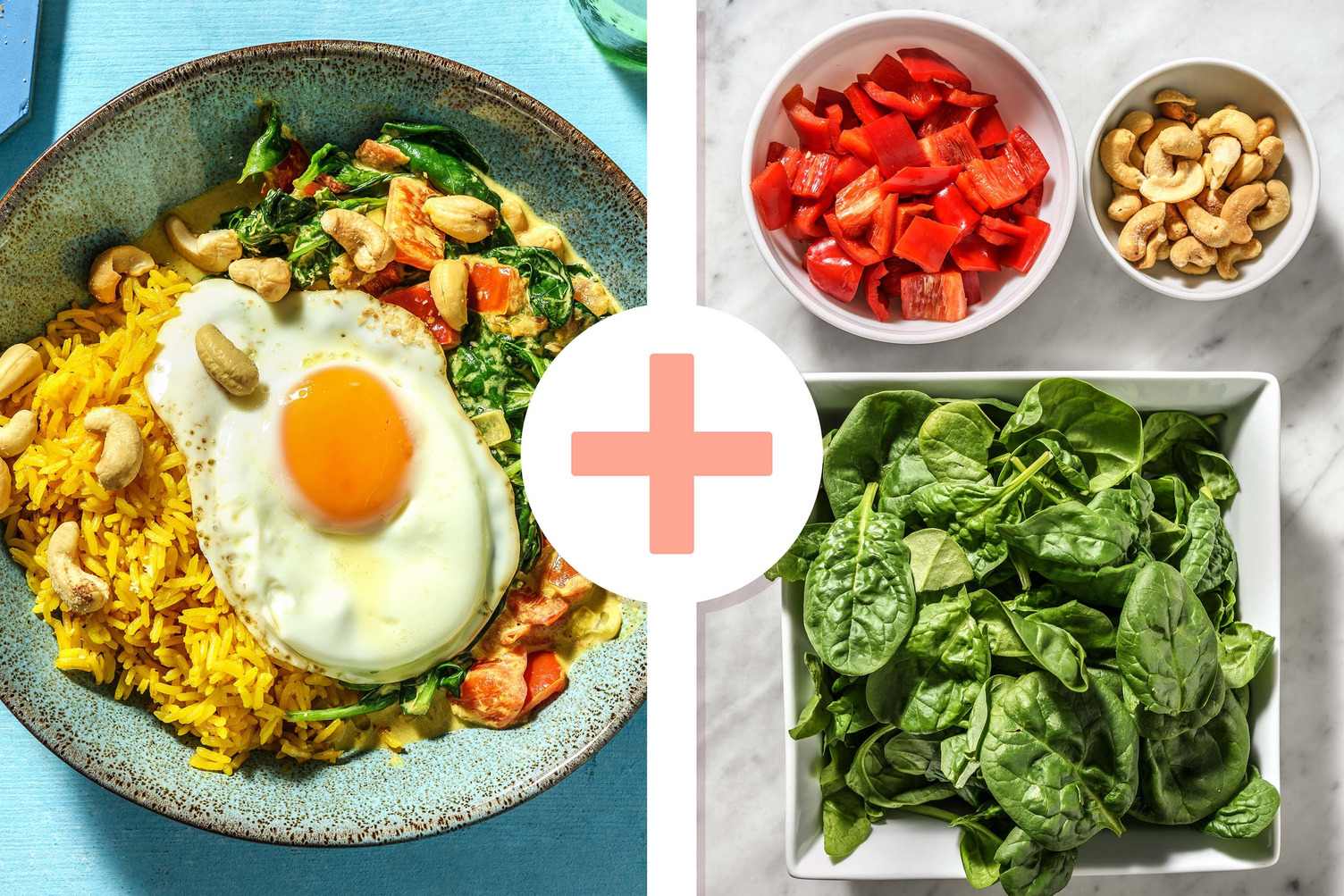 Double veggie - Spinazie-kokoscurry met gele rijst en een spiegelei