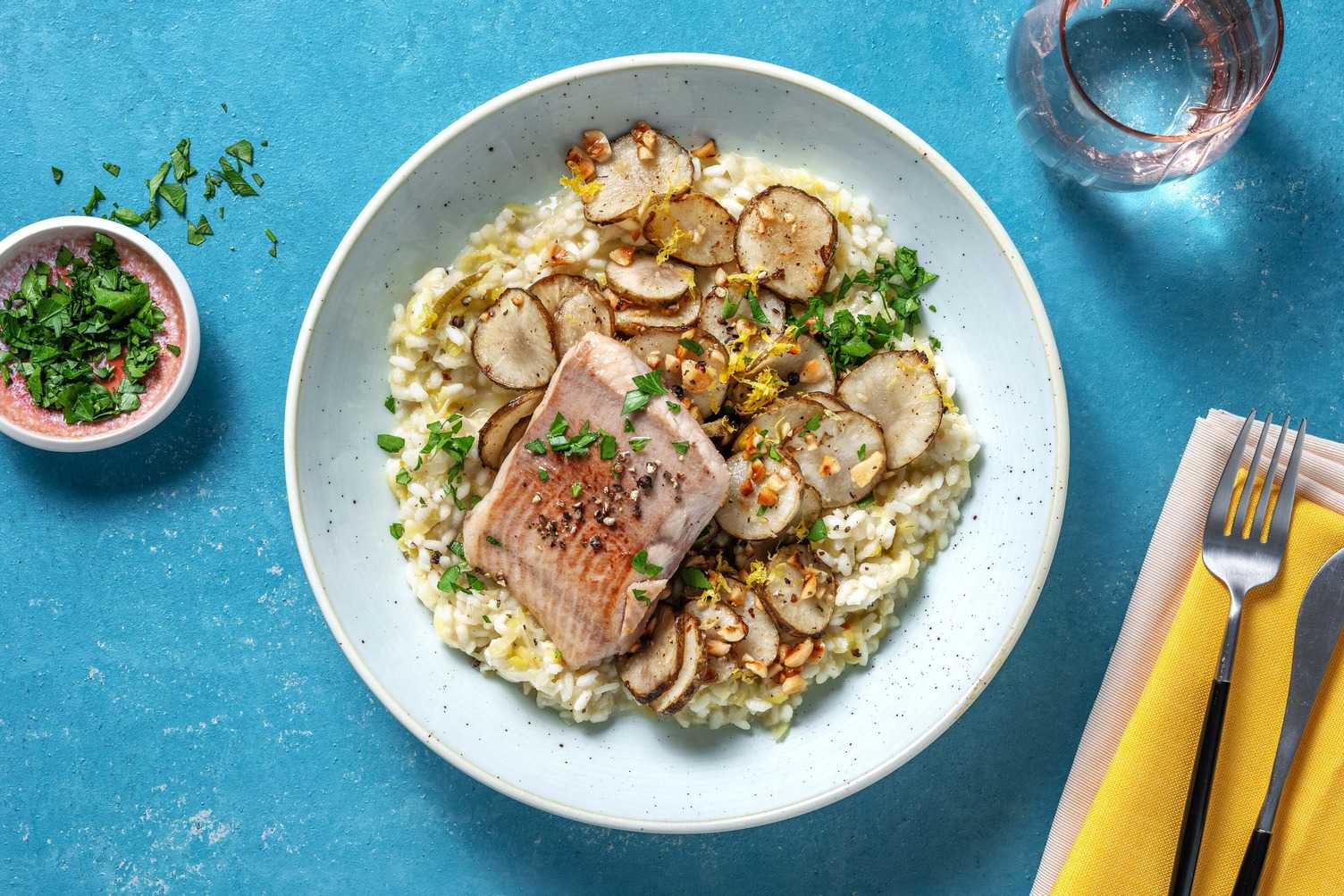 Veggie + protein: Risotto met aardpeer en schelvisfilet als extra
