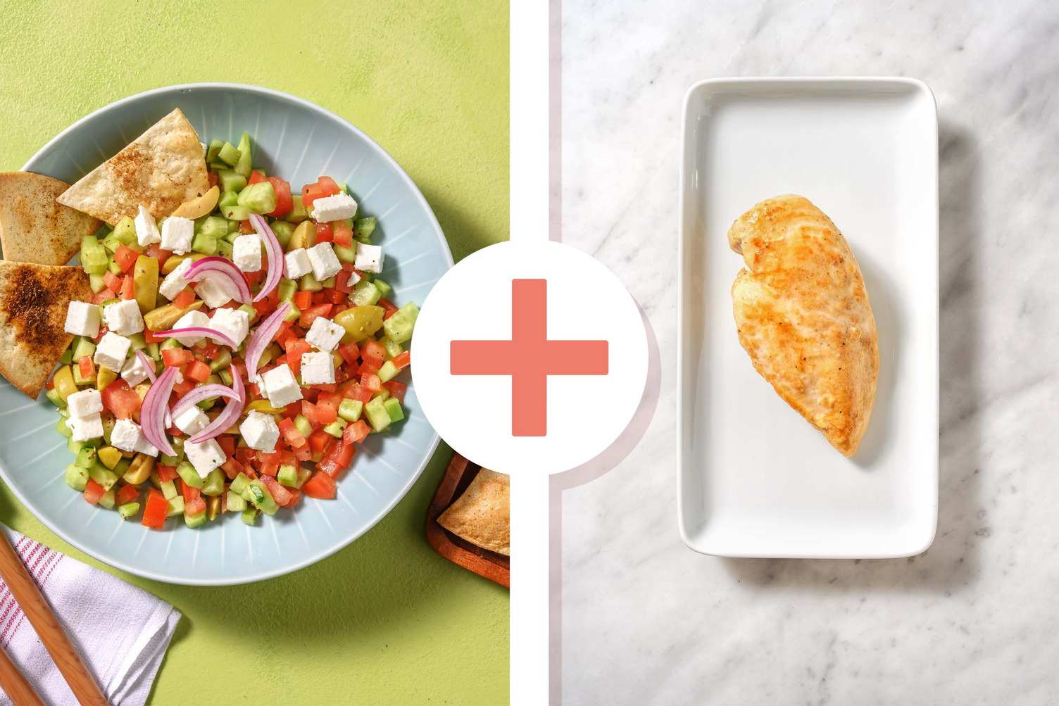 Insalata alla greca di pollo, cetrioli e formaggio