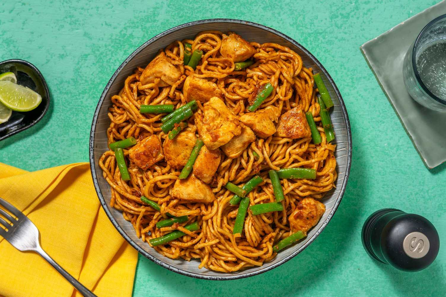 Thai Style Peanut Chicken and Veggie Gyoza Noodles