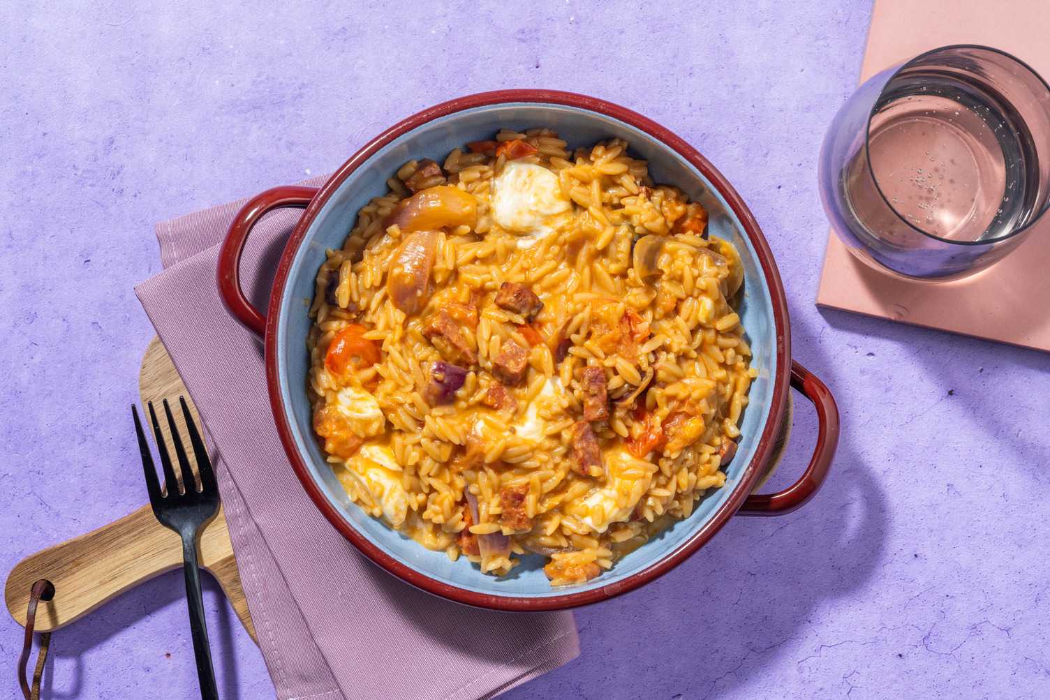One-pan Chorizo and Mozzarella Orzo
