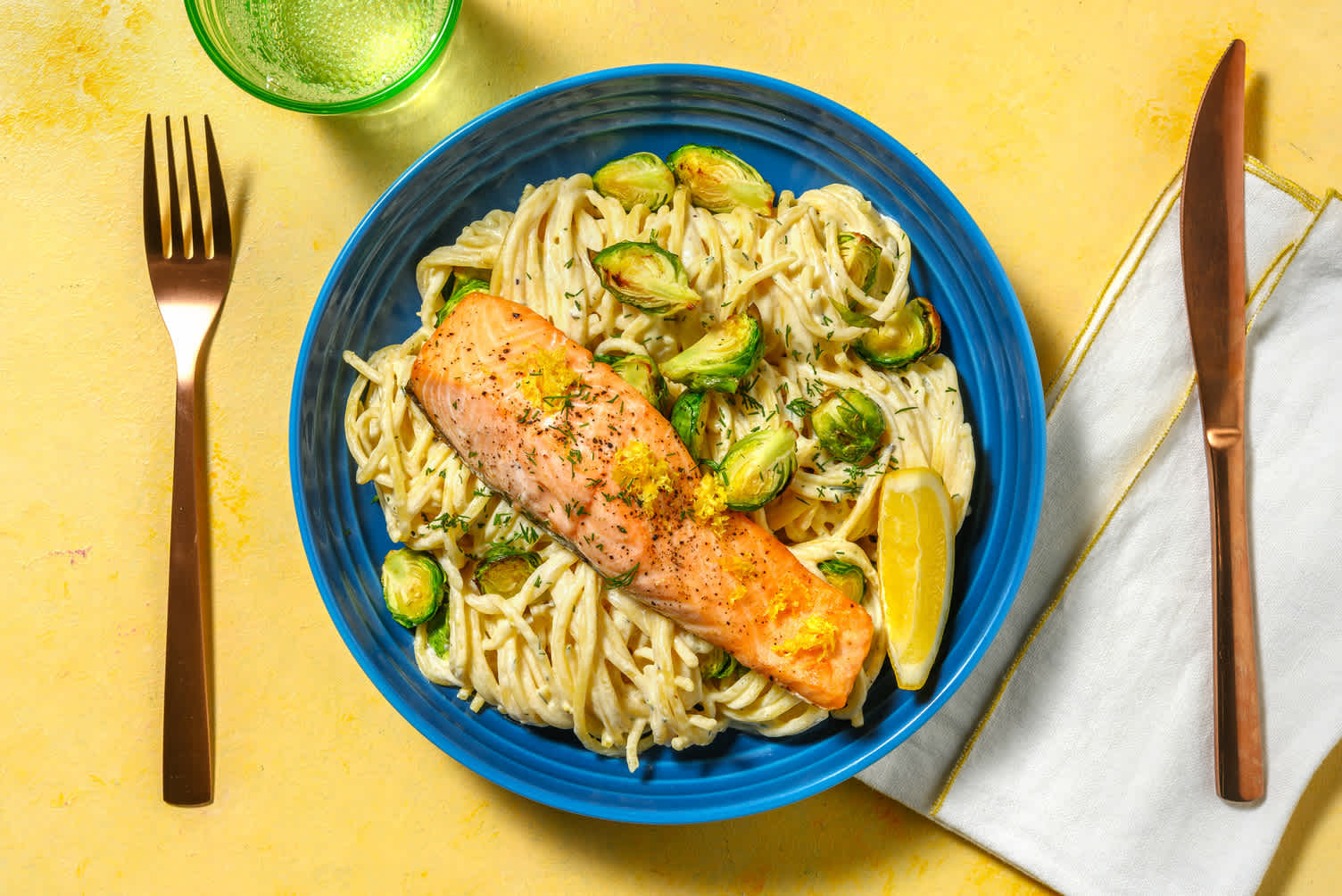 Zesty Jumbo Salmon Over Creamy Fresh Linguine