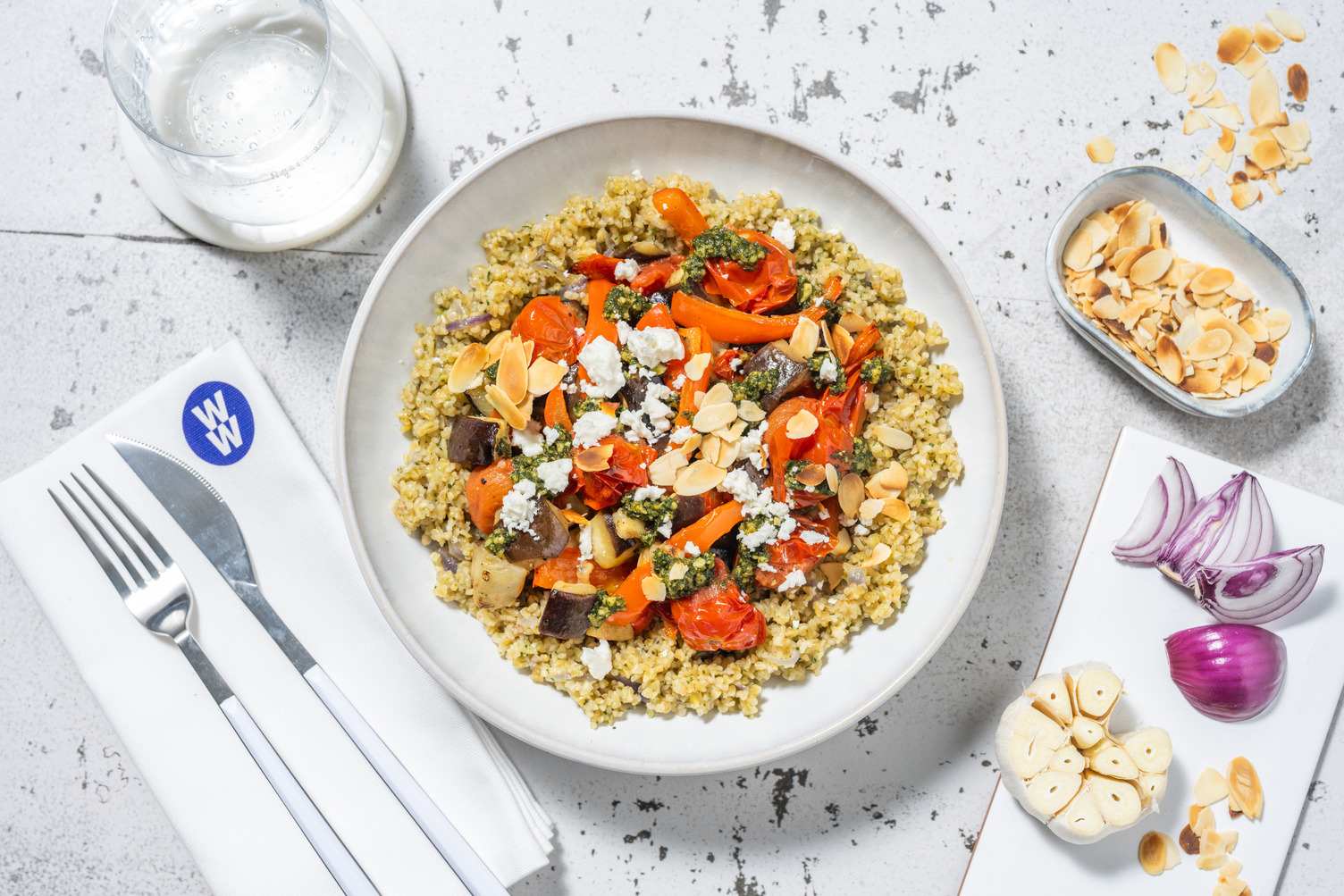 Roasted Ratatouille and Pesto Bulgur