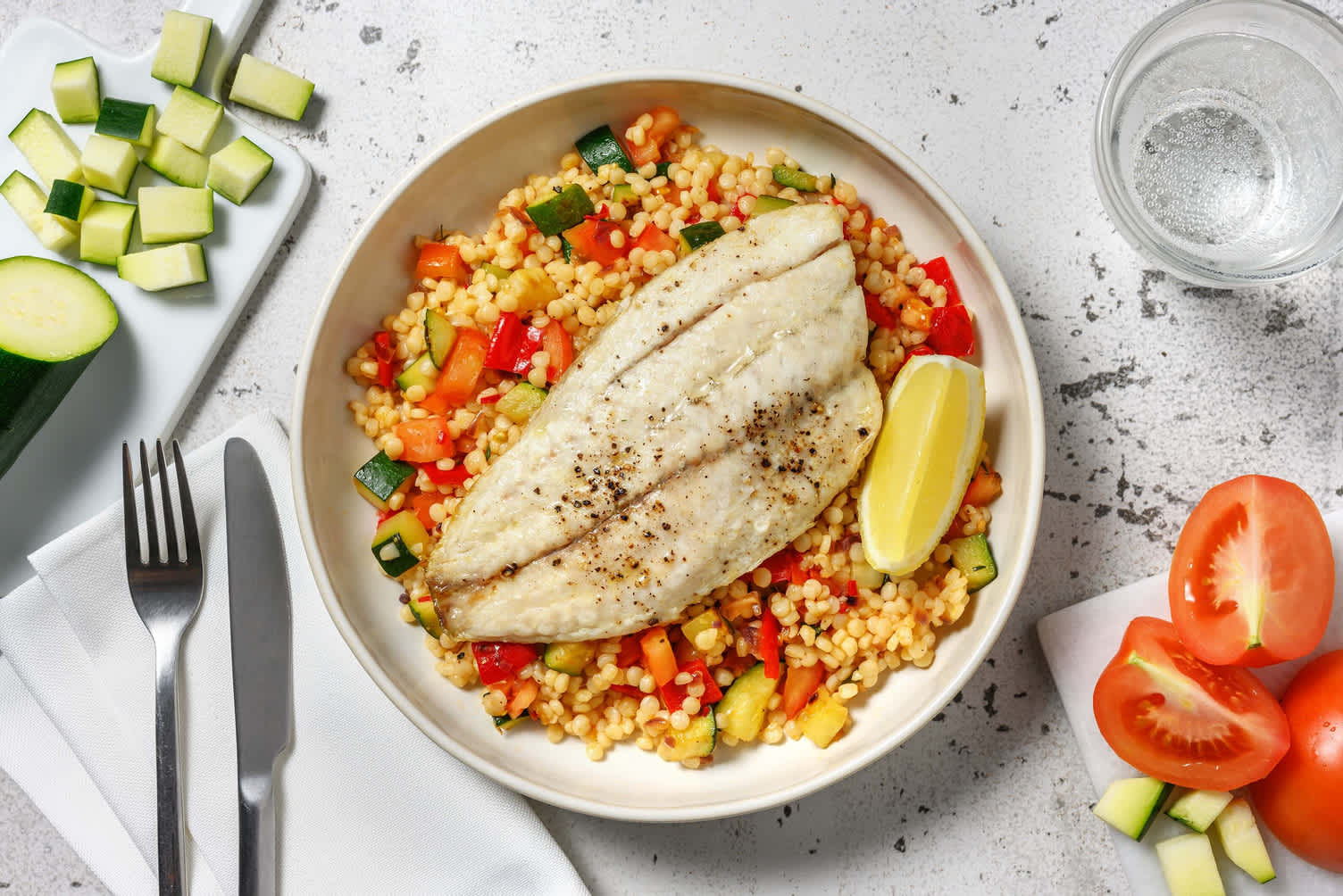 Parelcouscous met koolvis en courgette