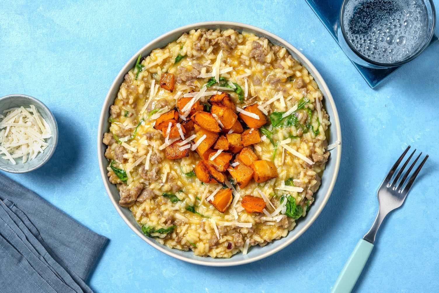 Risotto met pompoen en Brandt & Levie worst
