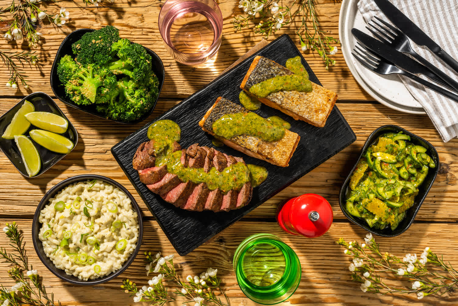 Thaise stijl surf & turf met zalm en filet mignon